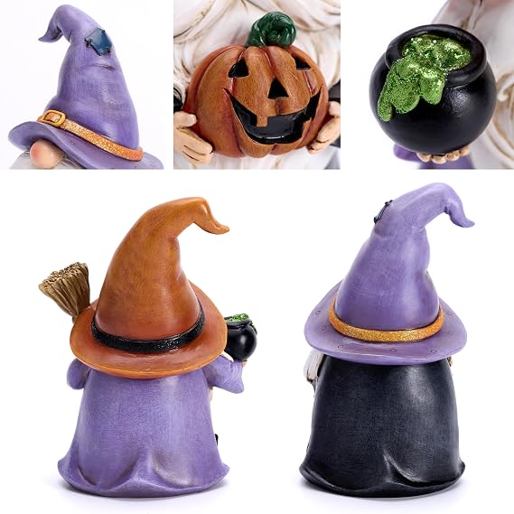 Valery Madelyn Gnomes Halloween Decorations Indoor, 2 Pcs Resin Gnome Decor for Home with Witch Hat Broom Jack O Lantern Moon, Halloween Figurines Elf Dwarf for Table Tiered Tray Outdoor, 6.3