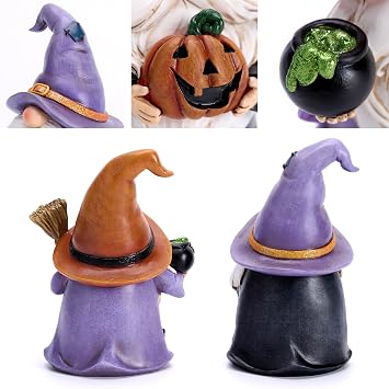 Valery Madelyn Gnomes Halloween Decorations Indoor, 2 Pcs Resin Gnome Decor for Home with Witch Hat Broom Jack O Lantern Moon, Halloween Figurines Elf Dwarf for Table Tiered Tray Outdoor, 6.3