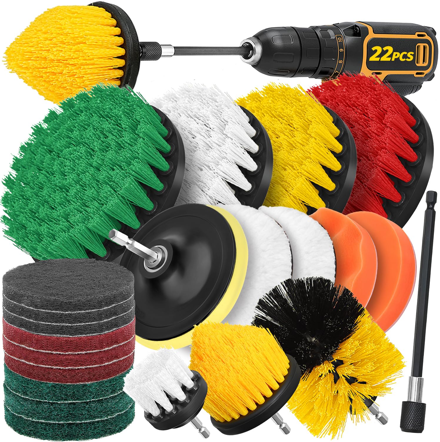 Aongray Drill Brush Attachment Set, 22pcs 1/4in Power Cleaning Brush with Scrub Pads + Extend Long Attachment, Scrubbing Brush for Cleaning Bathroom, Tile, Carpet, Grout, Car Wheels, Kitchen