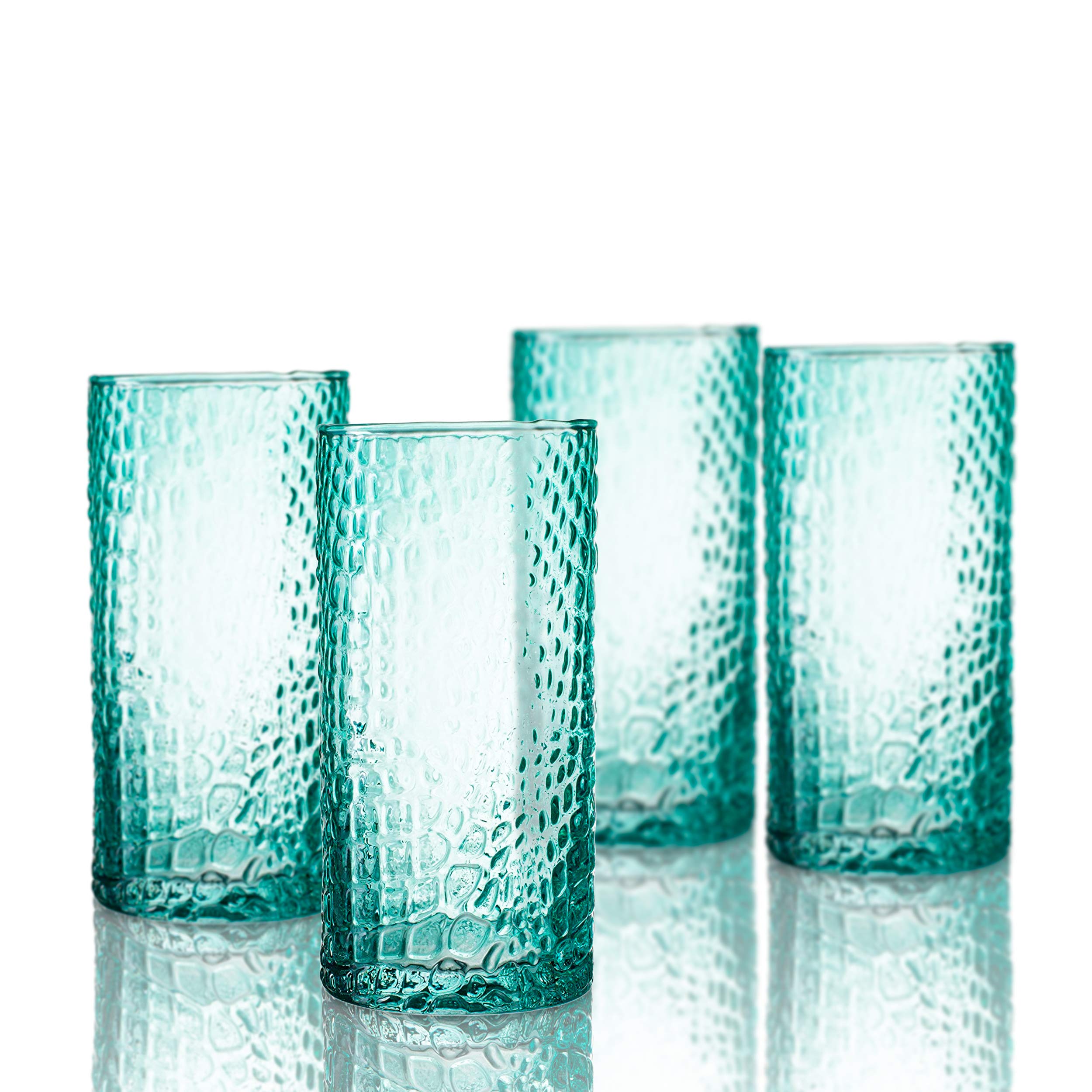 Elle Decor Bistro Croc 4 Pc Set Highball, Green-Glass Elegant Barware and Drinkware, Dishwasher Safe, 15.5 Oz