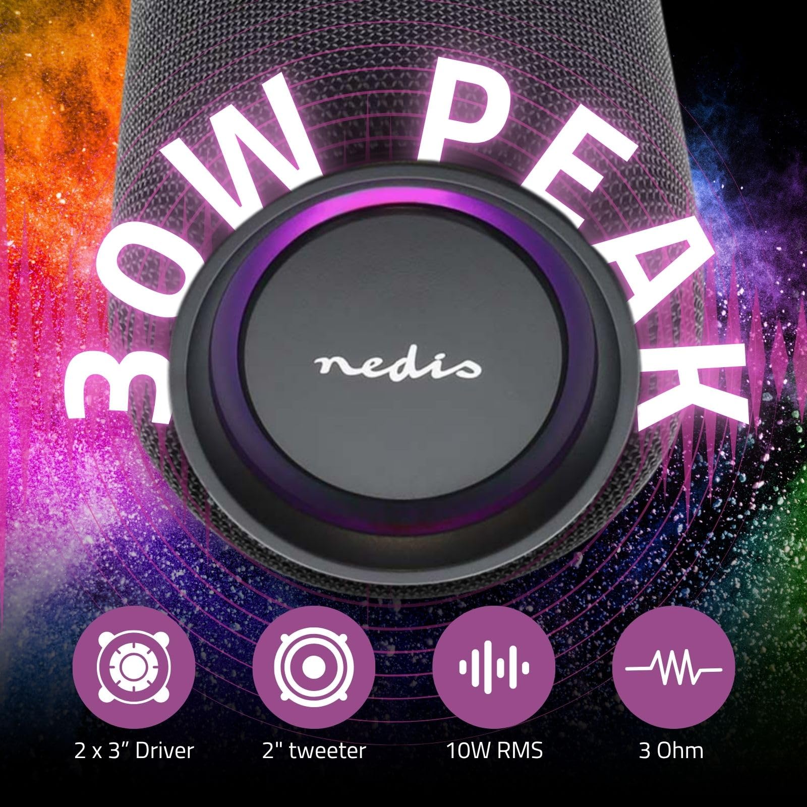 Nedis Altoparlante Bluetooth - Tempo massimo di riproduzione della batteria: 4 ore - Dispositivo portatile - 30 W - Stereo - Microfono incorporato - X5 - Collegabile - Nero
