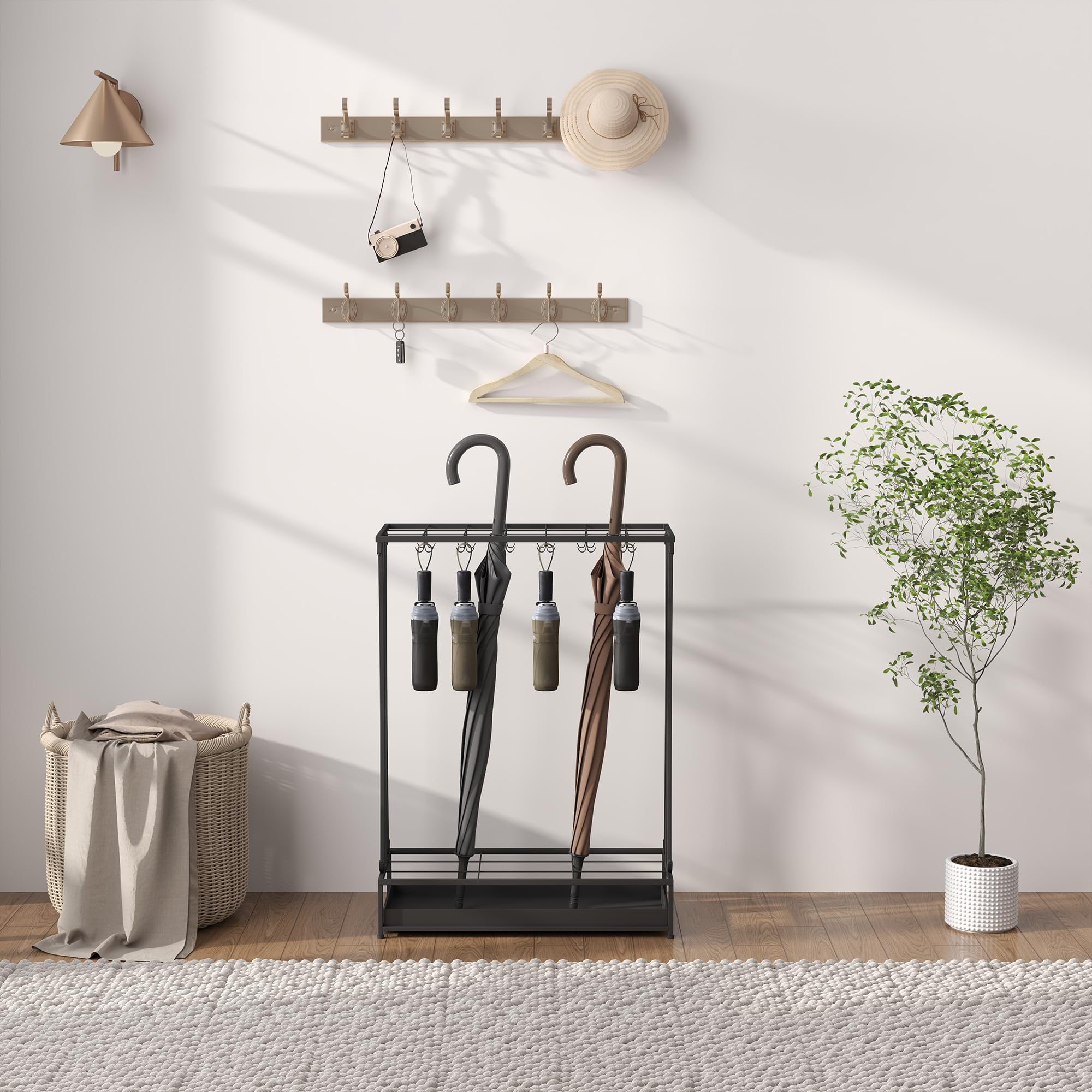 HOMCOM Paragüero Moderno Rectangular Soporte Paraguas Acero 24 Ganchos 21 Espacios Bandeja Recogegotas Extraíble 50x24x68 cm Negro