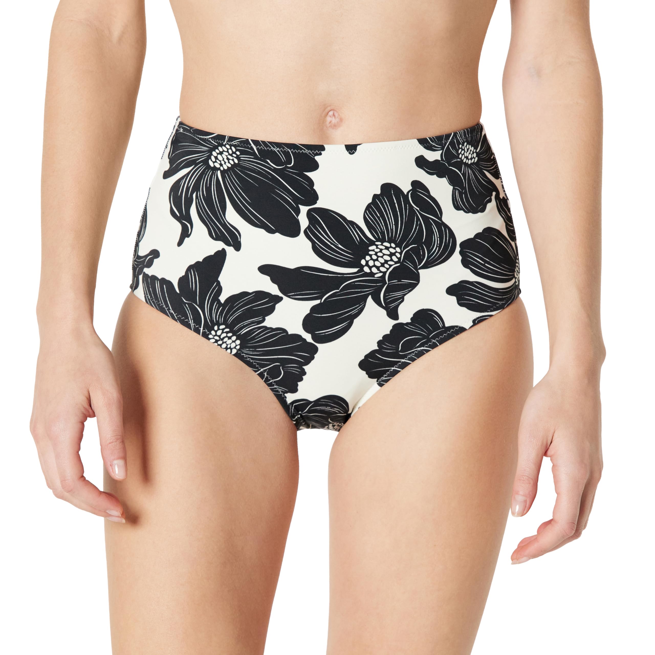 Amazon Essentials Women's High Waist Swim Bottom, Cream Black Floral, 12