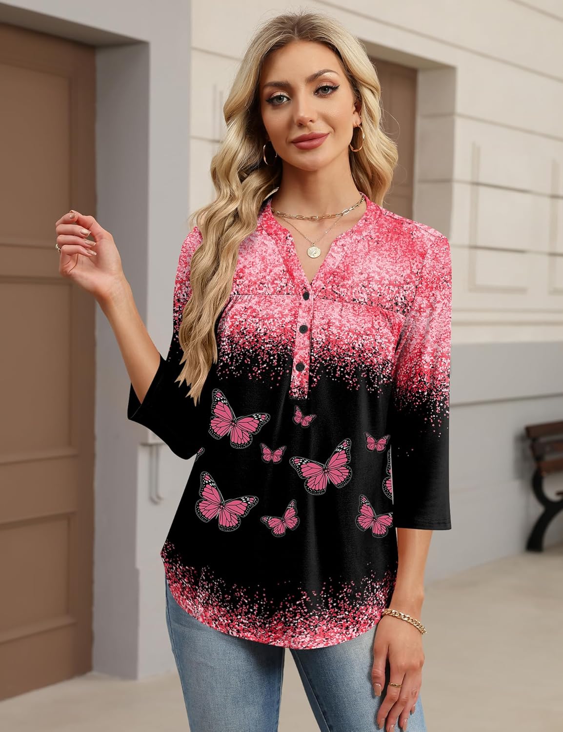 LOMON Womens Tops 3/4 Sleeve Botton Down Shirts Casual V Neck Tunic Blouses Pleated Fashion Summer Tees 2026 Trendy S-3XL - Image 4