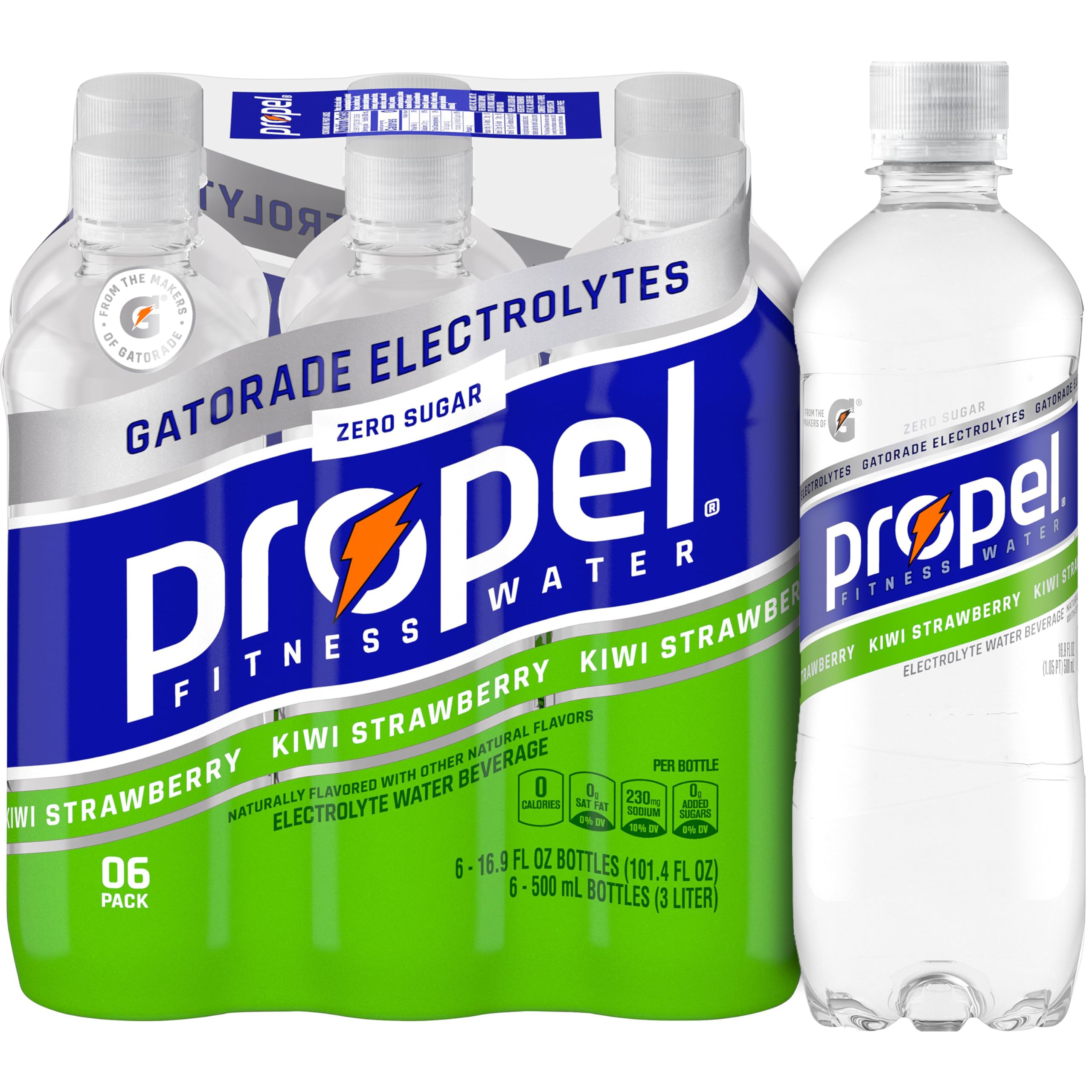 Propel Kiwi Strawberry, Zero Calorie Sports Drinking Water with Electrolytes and Vitamins C&E, 16.9 Fl Oz, 6Count