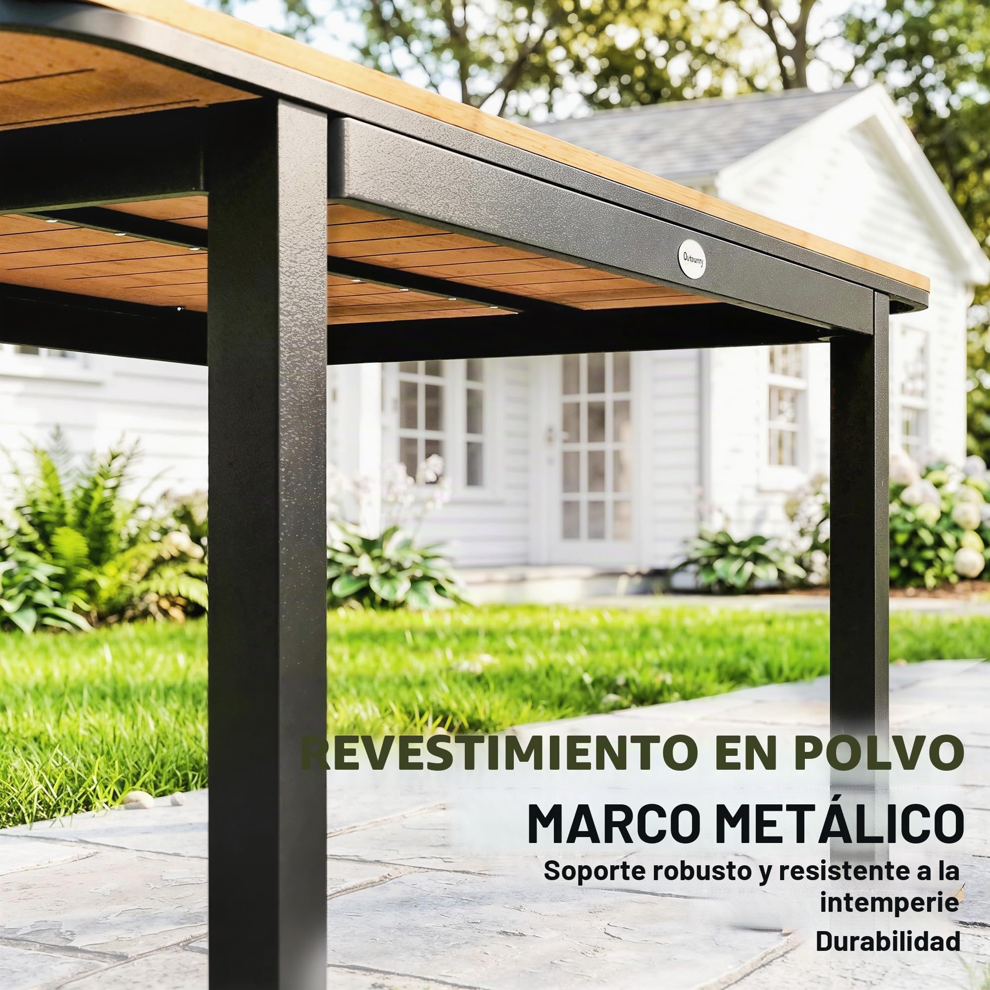 Outsunny - Mesa de jardín para 6 personas, madera compuesta, 127 x 70 cm, color marrón | Mesa de exterior rectangular, marco de metal, bandeja para láminas, muebles de terraza, para balcón y patio
