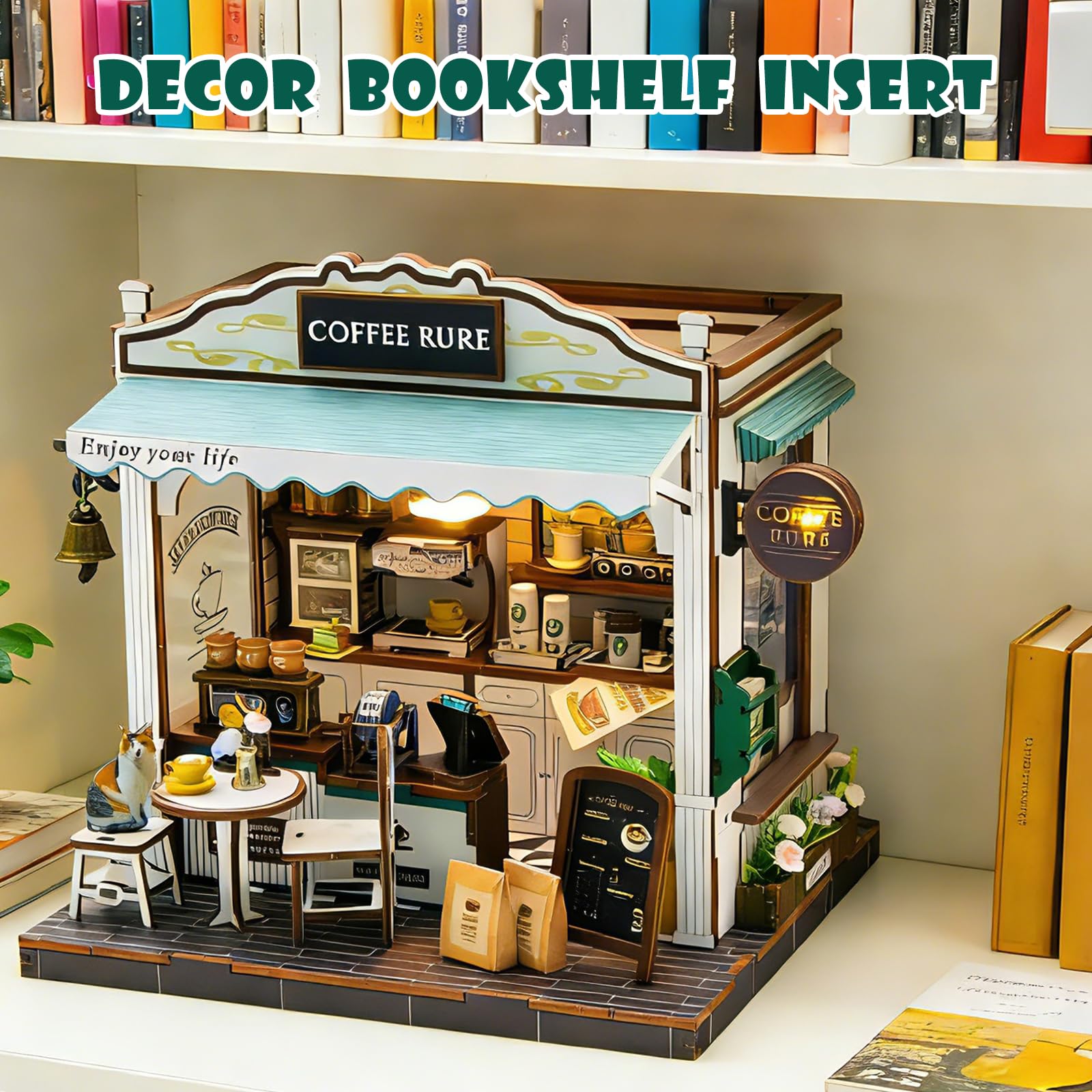 Kit fai da te per casetta in miniatura Coffee - per case delle bambole in miniatura, Book Nook Puzzle 3D in legno Angolo lettura fai da te per decorare la libreria Regalo di compleanno o di Natale