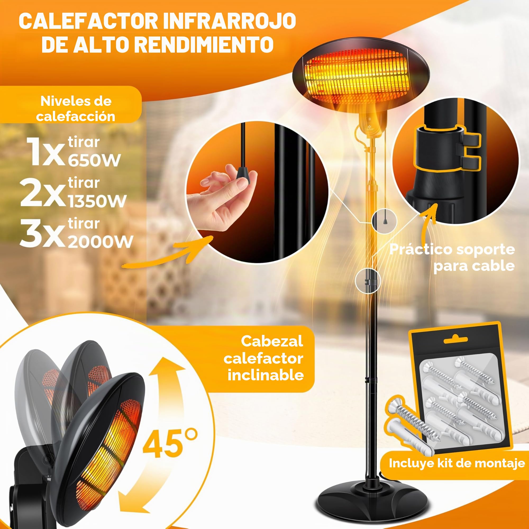 KESSER® Calefactor radiante 2000 vatios ✓ Infrarrojos ✓ de pie ✓ de patio ✓ Terraza ✓ Calefactor radiante ✓ Regulable en altura ✓