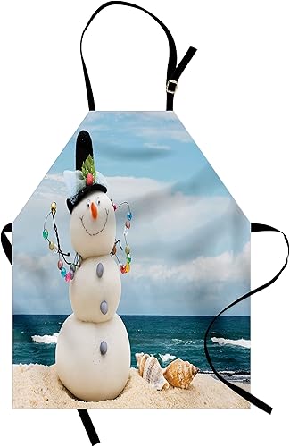 Miniatura 1 de Ambesonne Delantal de muñeco de nieve, vacaciones de invierno, figura temática de conchas marinas sentadas en la costa de la playa de arena, babero