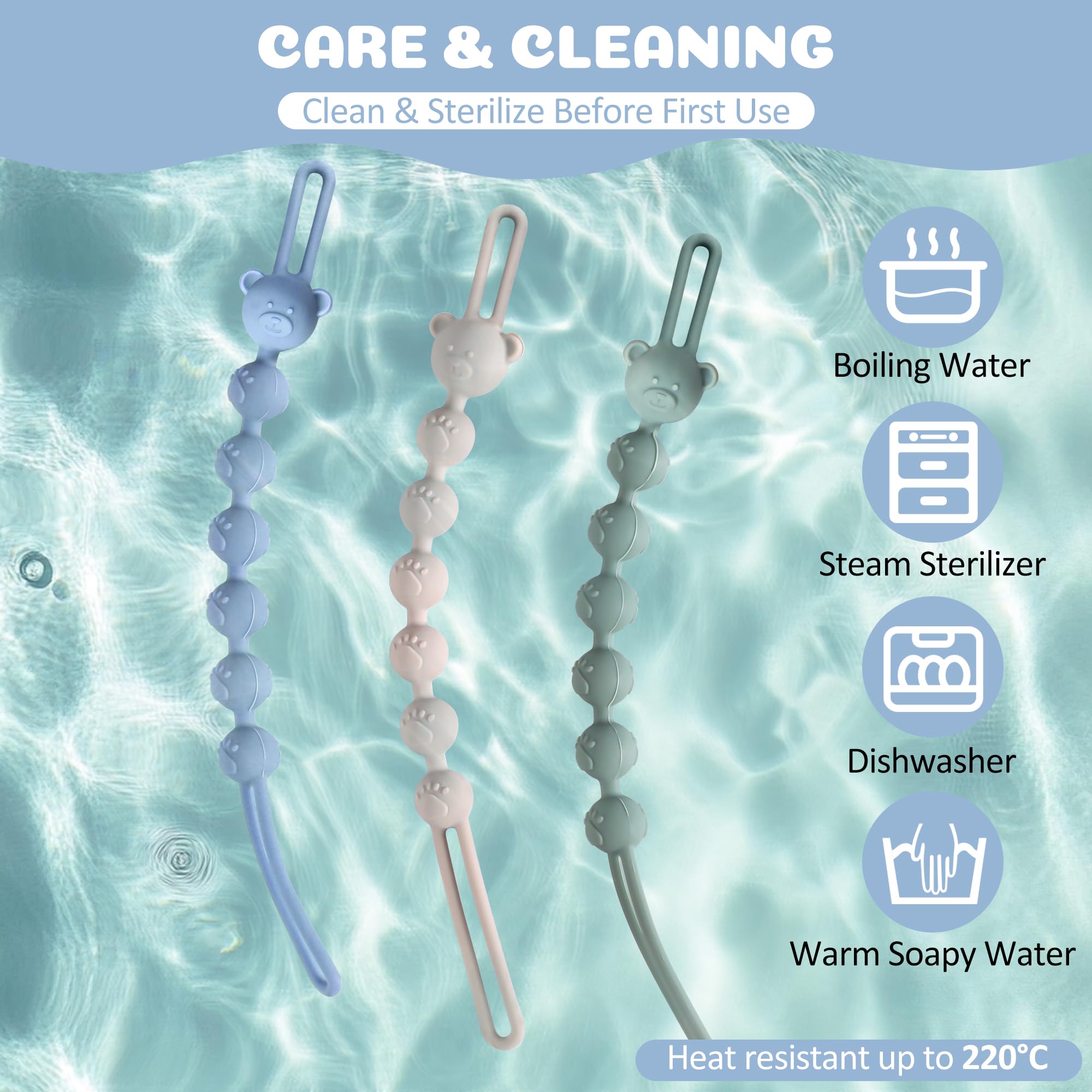 Pack de 3 Attache Tetine Silicone, Attache Sucette avec Une Seule Pièce en Silicone, Accroche Tétine Bebe pour Filles & Garçons, Sans BPA, Élastiques et Robustess (Bleu Sauge Gris Clair)