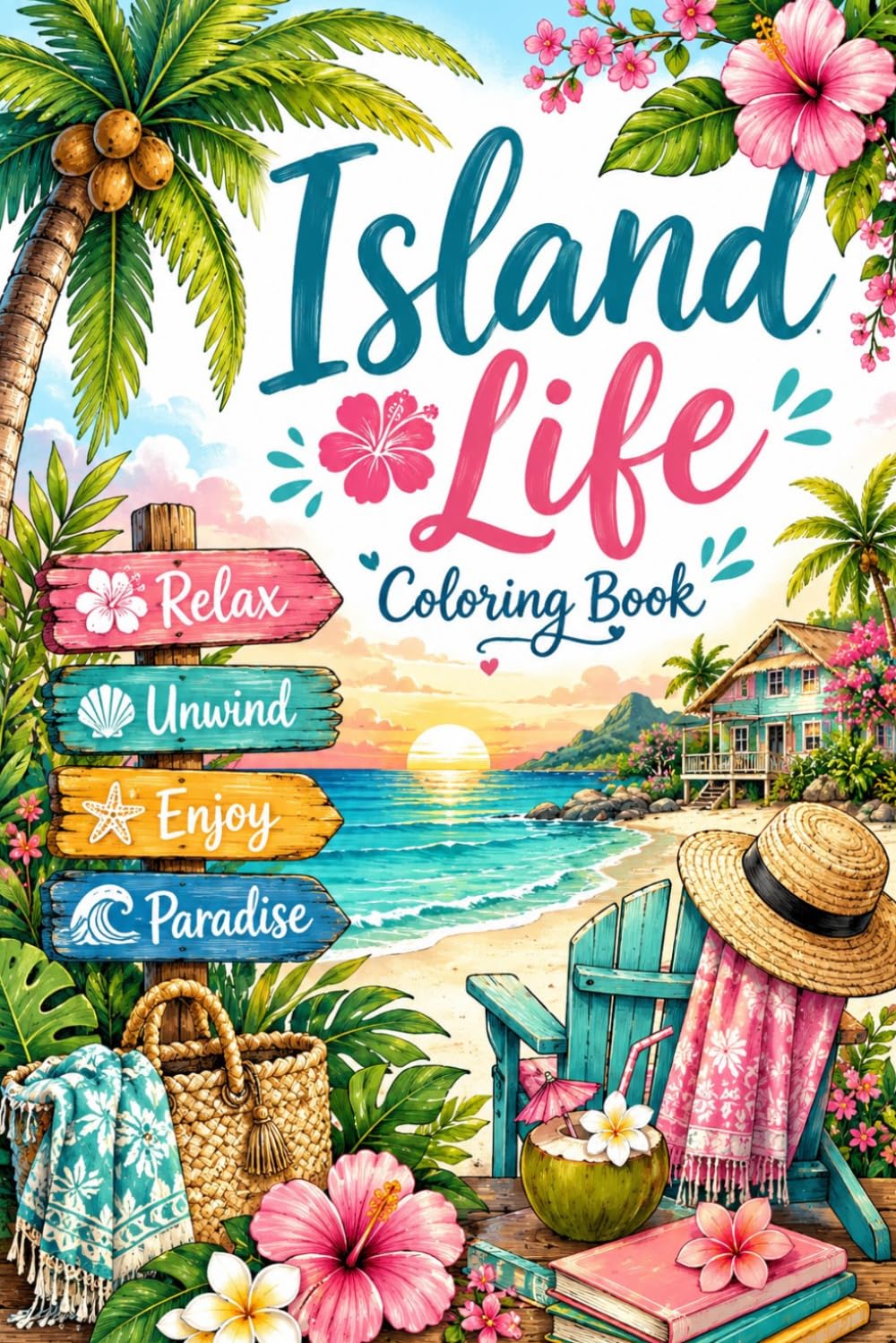 Island Life Coloring Book: A Relaxing Adult Coloring Book Filled with Tropical Beaches, Island Cottages, Palm Trees, Sunsets, and Coastal Escapes