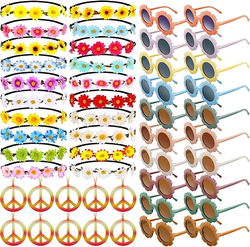60 piezas de regalos de fiesta hippie groovy de los años 60 y 70, decoraciones de fiesta retro redondas de flores, gafas de sol bohemias, diademas