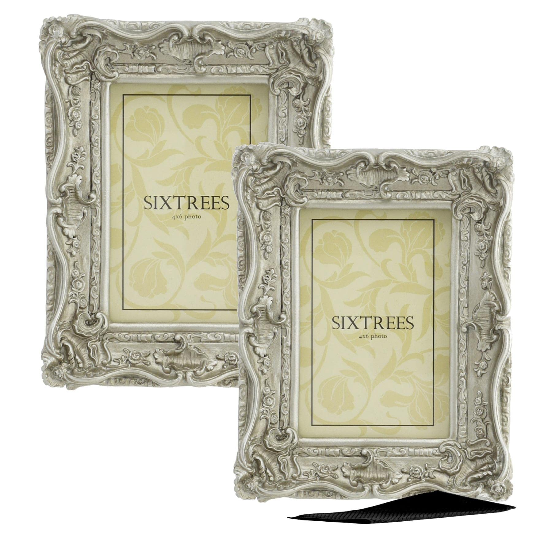 A Twinpack of Sixtrees Chelsea 5-255-46 Ornate Vintage Swept Shabby Chic Silver 6x4 inch Photo frames - with Microfibre glass cleaning cloth.
