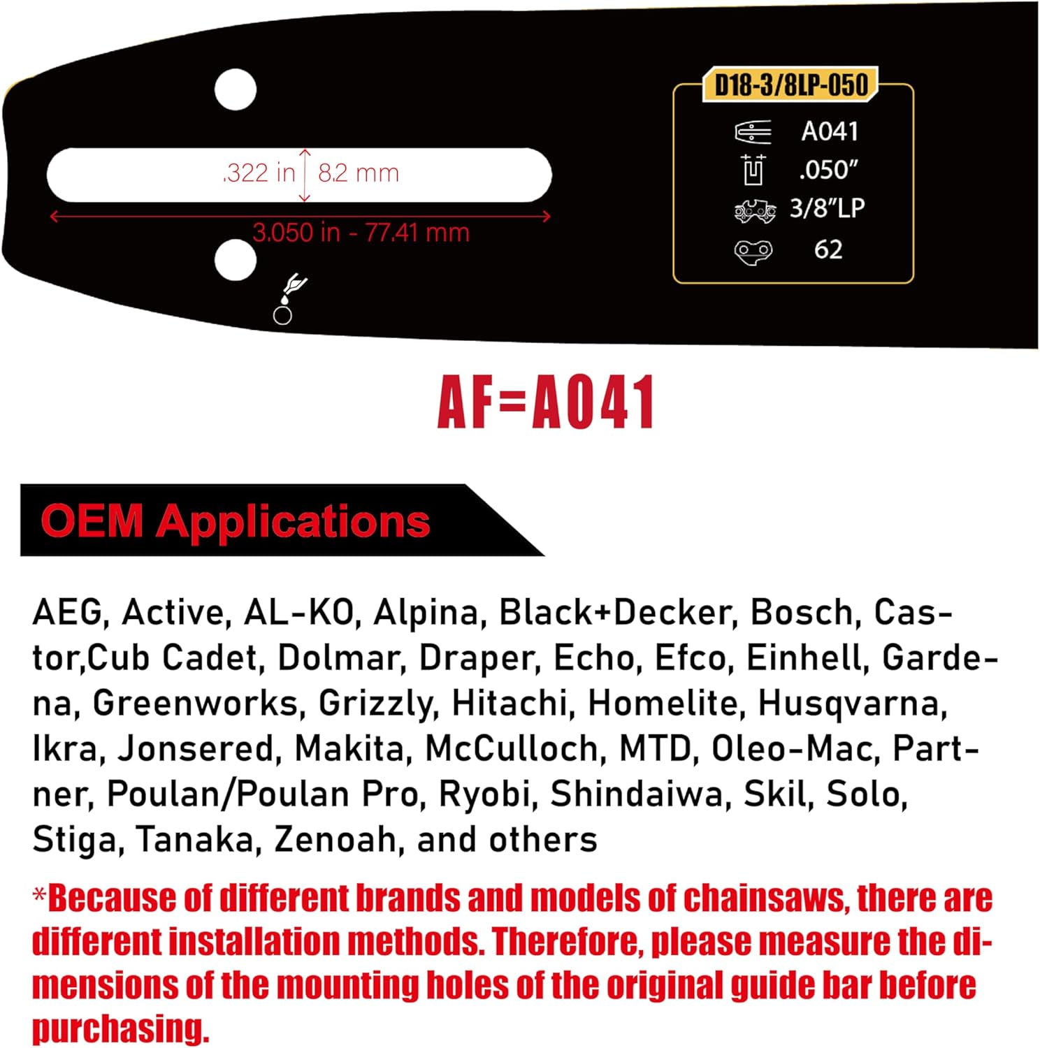 18" Chainsaw Guide Bar & Chain Combo Replacement for Echo CS-400, EGO, Poulan PRO PR4218, Craftsman 713-05042 Saw Chains, Bar Length (45cm), 0.050" Gauge, 62 Drive Links