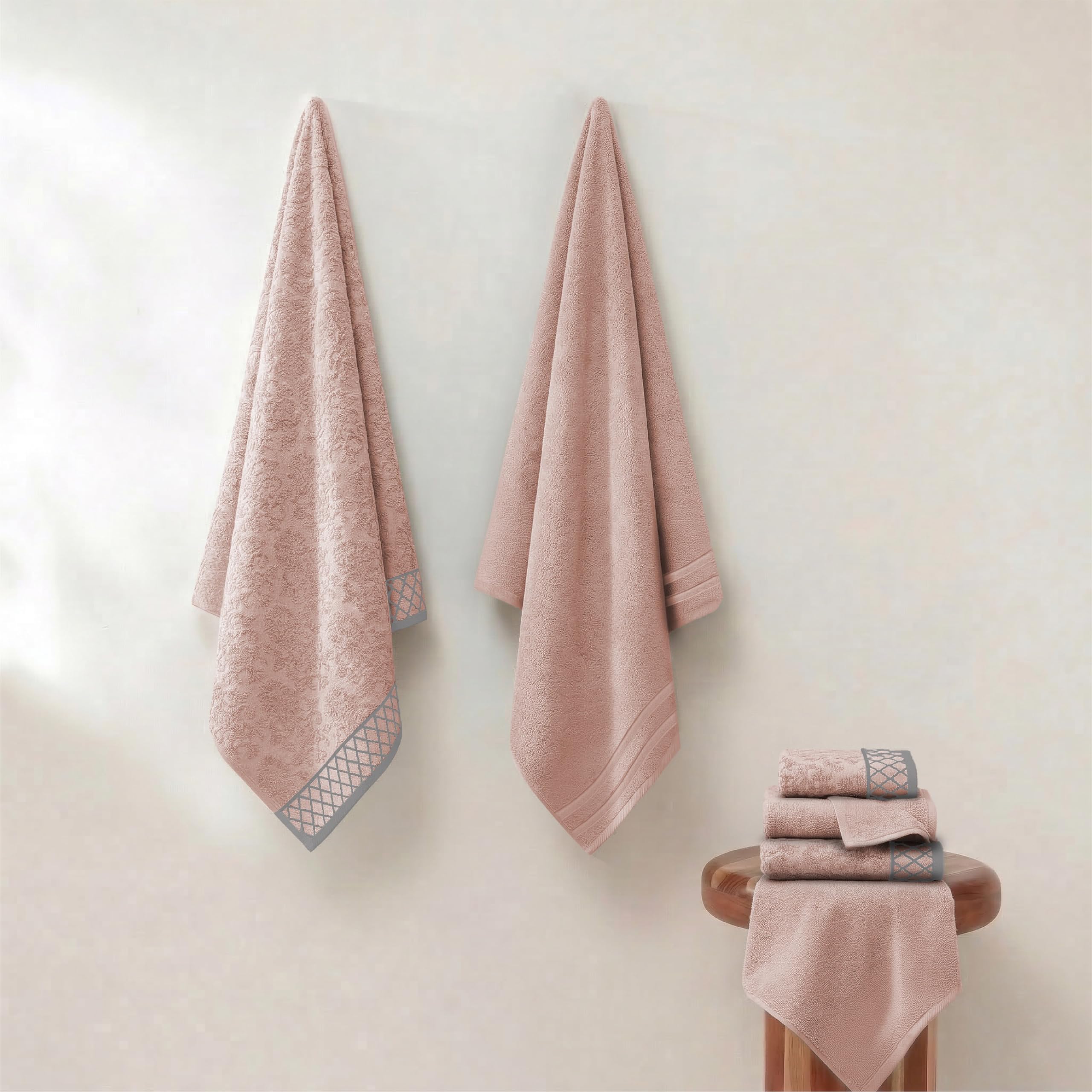 Costa del Pacífico Textiles Damasco Jacquard Toallas con Adornado Frontera, algodón, Peach, Juego de 6