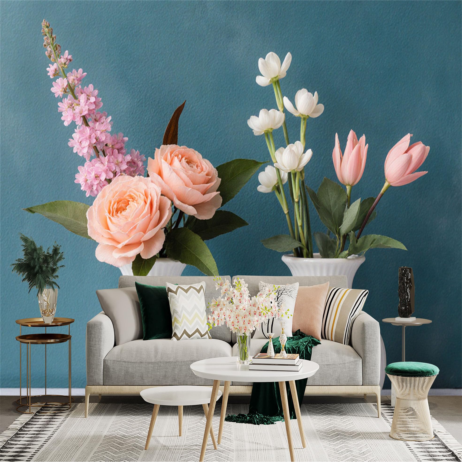 Custom Size Wall Sticker Mural， Soft Peach Rose and Delicate Wildflowers in Elegant White Vases， for wall Decoration， peelandstick wall Decals.