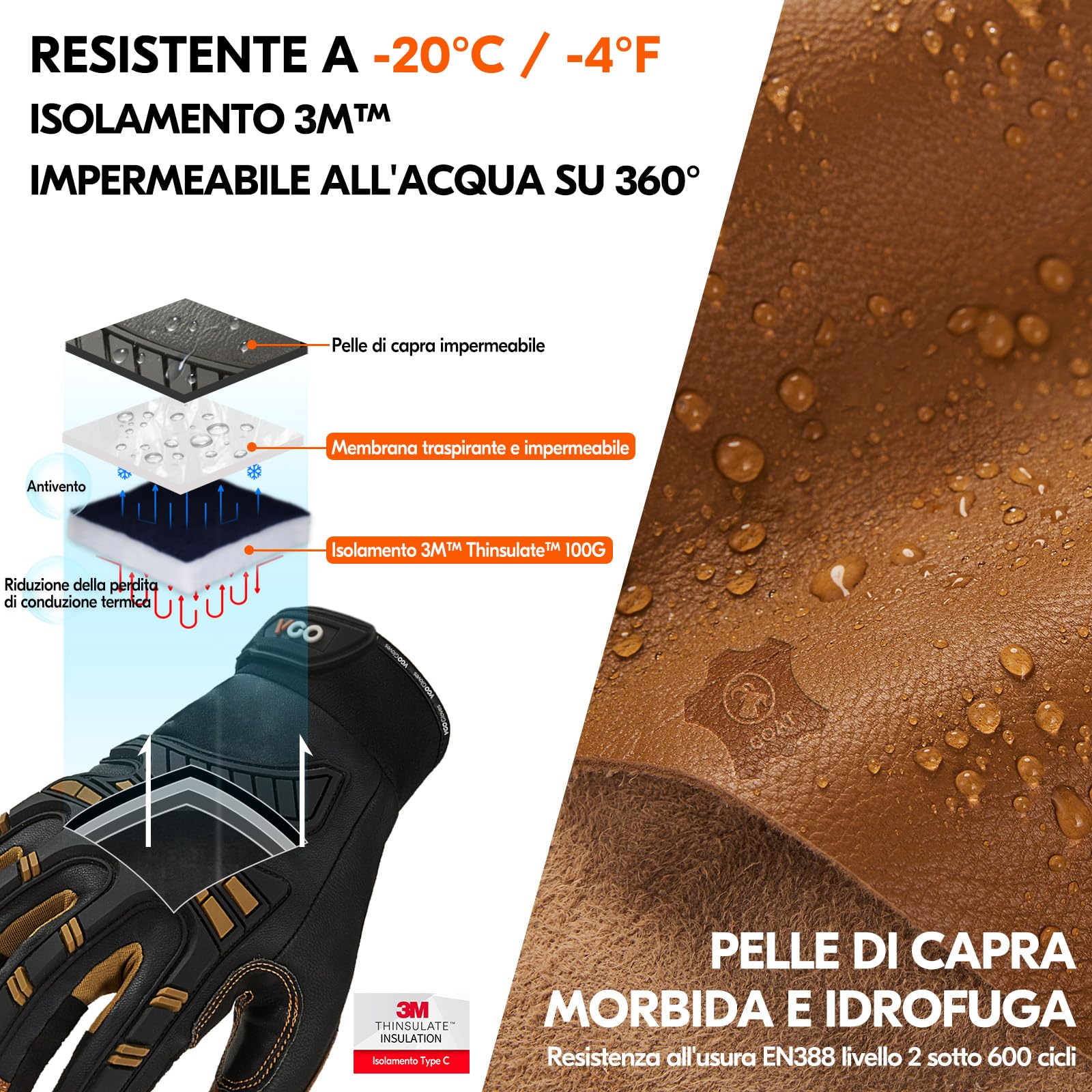Vgo... Guanti da Lavoro Uomo Invernale Impermeabile da -20℃, Guanti Meccanico Anti-Vibrazione Termici per Lavoro Pesante Edilizia Camionista con Rivestimento Thinsulate-3M (L, marrone 1 paio)