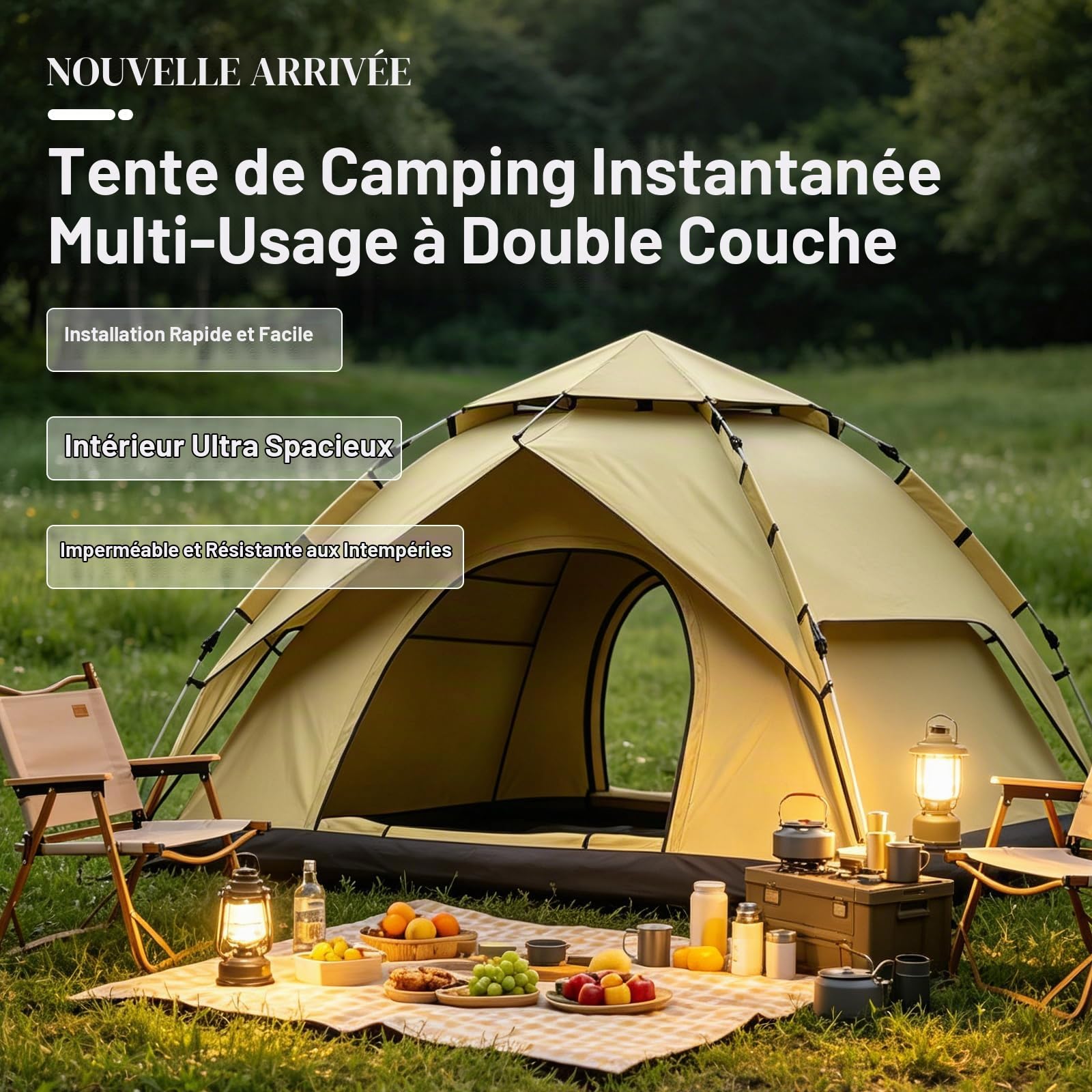 Tente de Camping 2-4 Personnes, Tente Instantanée Pop-Up pour le Camping, Imperméable et Résistante au Vent, Tente Double Couche 2-en-1 en Forme de Dôme pour le Camping et la Randonnée
