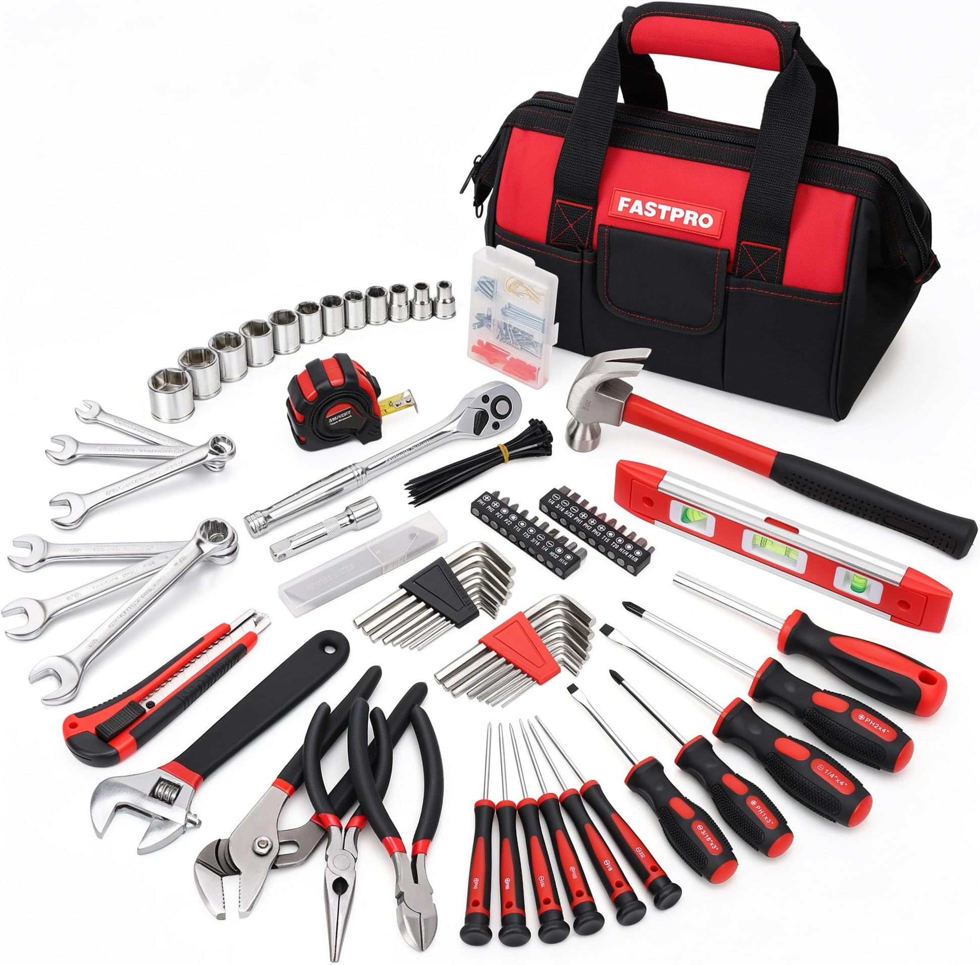 236-Piece Home Repairing Tool Set, Mechanics Hand Tool Kit with 12-Inch Wide Mouth Open Storage Bag, Household Tool Set for DIY, Home Maintenance, Red