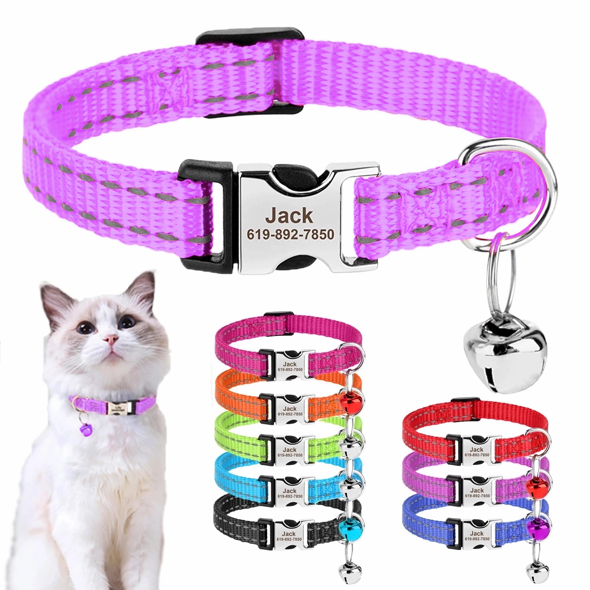 SEOUGEE Personalised Cat Collar with Name Tag, Adjustable Nylon Reflective Kitten Collars with Bell and Safety Buckle, Customize Engraved Pet Name & Phone Number, Purple