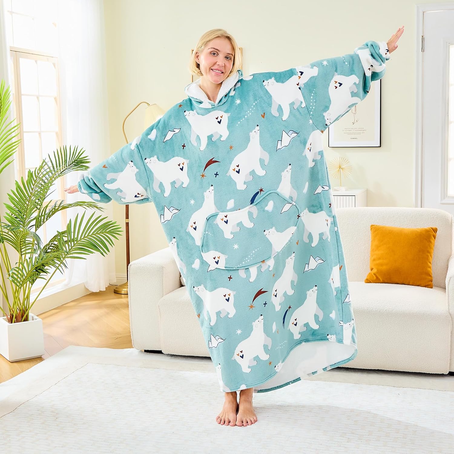 Moinlizy Wearable Blanket Hoodie, Long Thick Hooded Blanket Oversized for Adults Women Men with Pocket and Sleeves - Image 7