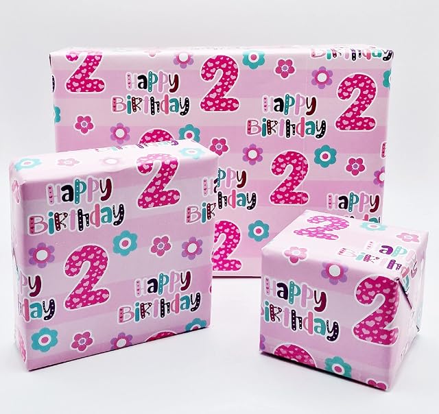 2 Sheets 2nd Birthday Girl Wrapping Paper Age 2 Cute Birthday Giftwrap Female Pink (PA)