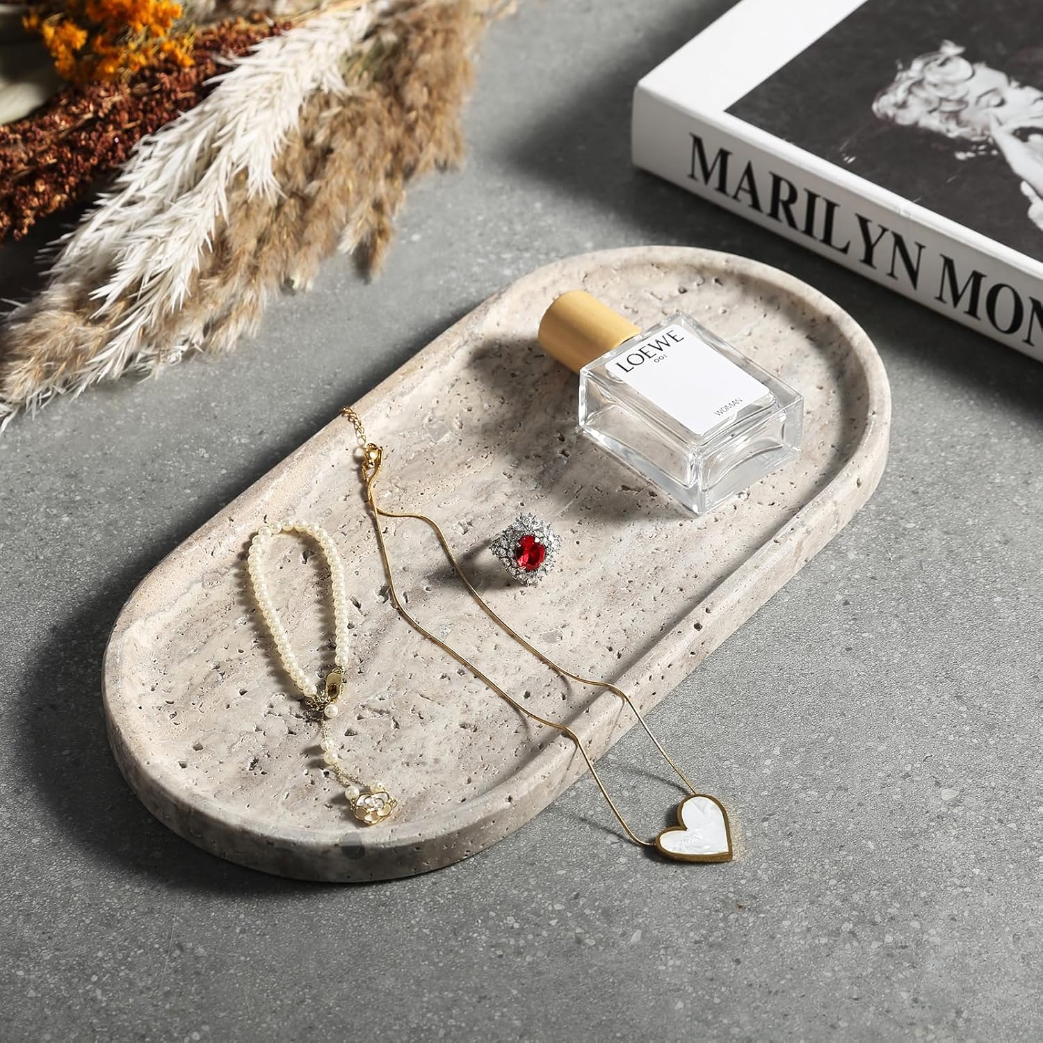 Koville Natural Travertine Tray for Bathroom Countertop, 12"x6" Vanity Decorative Marble Tray for Perfume, Candles, Jewelry, Stone Catchall Trays Jewelry Dish, Silver Stone Trays for Kitchen Counter - Image 5