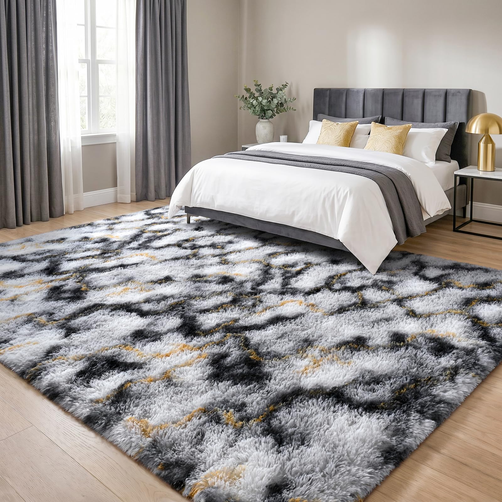 HQAYW Black White and Gold 6x9 Area Rugs for Living Room, Tie-Dyed Ultra Soft Fluffy Washable Non-Slip Unique Rugs for Bedroom, Modern Plush Shaggy Indoor Carpet for Kids Nursery Boys Dorm Office