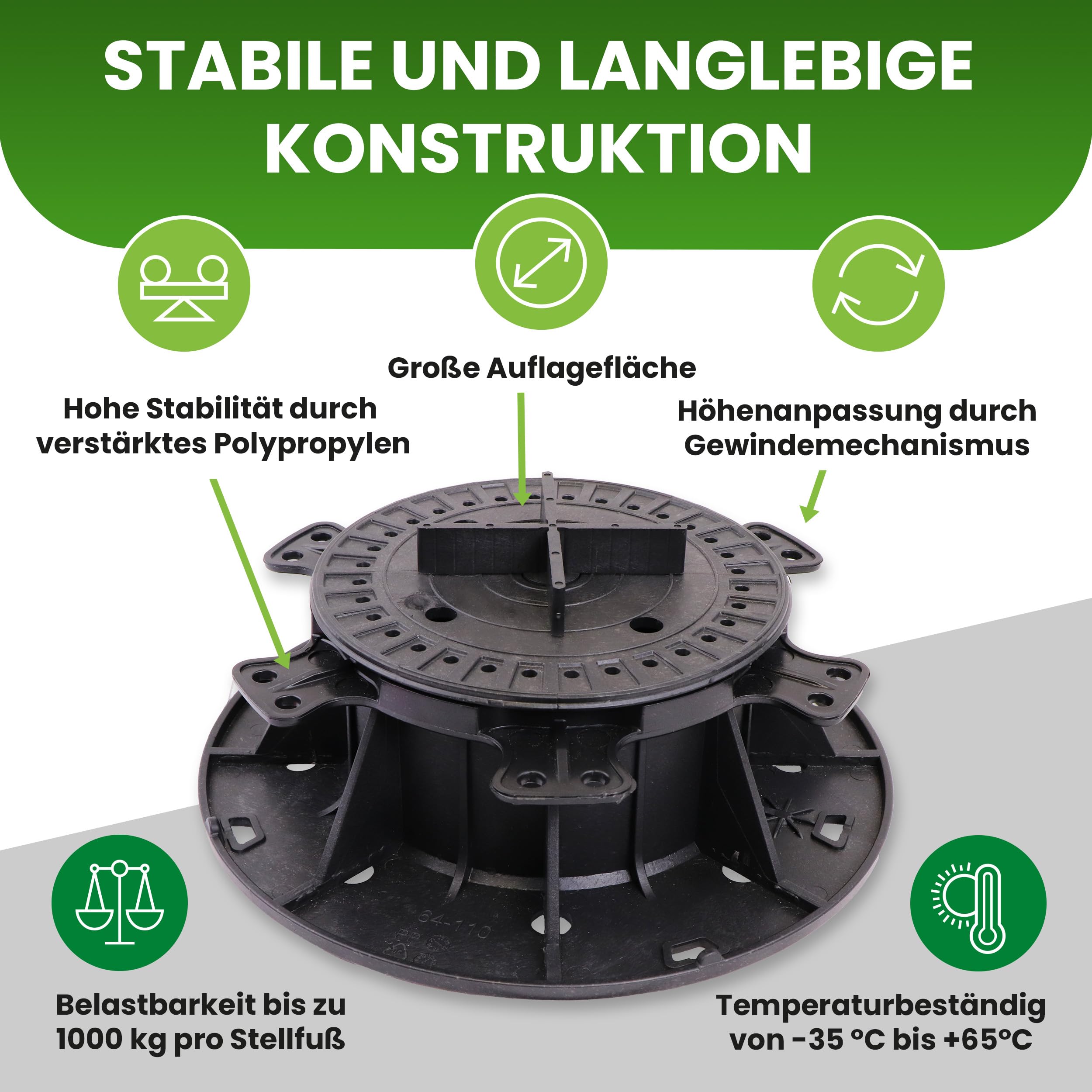 Gartenwelt Riegelsberger justierbarer Plattenlager PRO Stelzlager Stellfuß für Terrassen-Platten Keramik Stein Beton Fliesen höhenverstellbar 64-110 mm | 42 Stück (1 Karton)