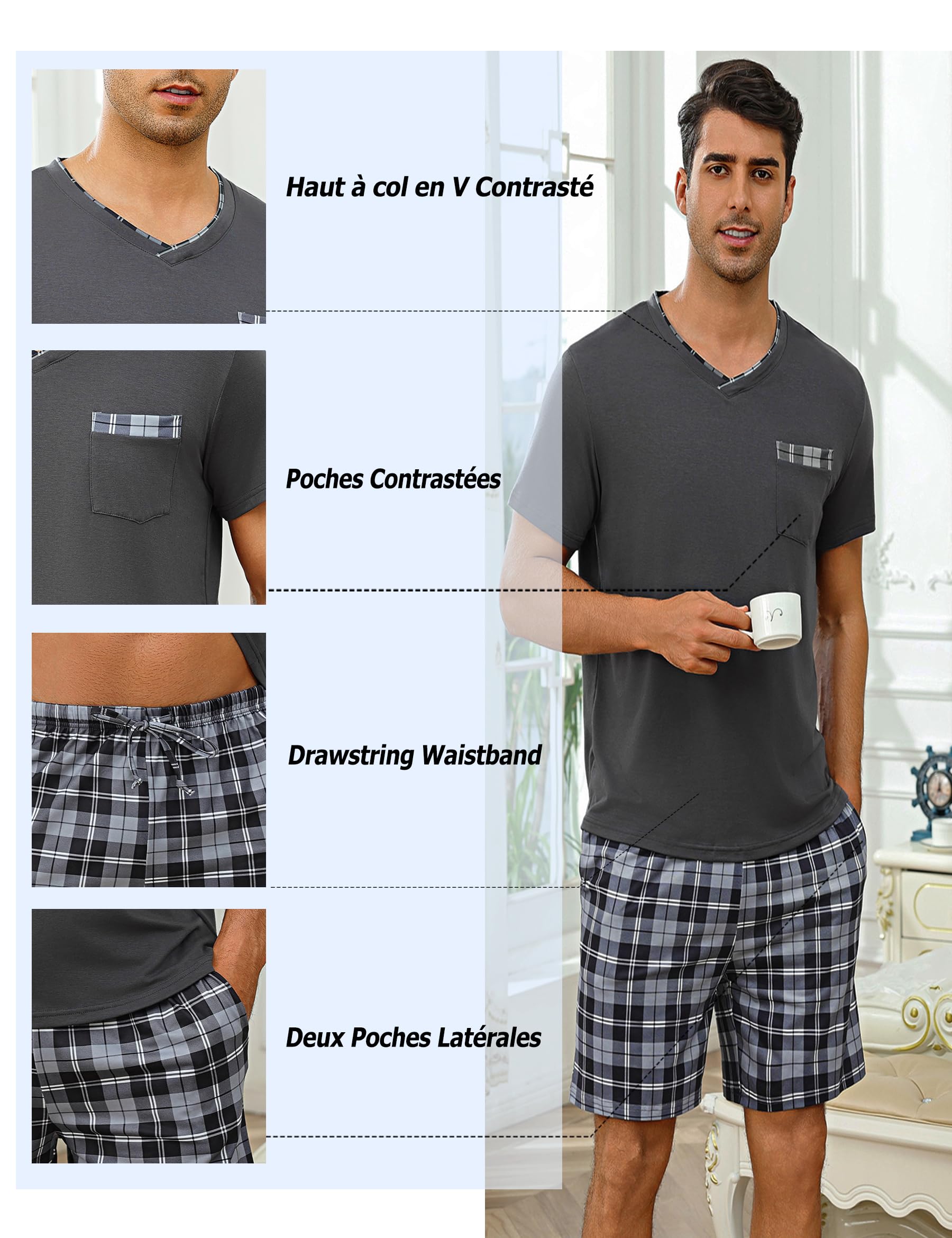 Pijamas de Verano Hombre 2 Piezas Corto Conjunto de Pijama a Cuadros con Cuello en V Cortos para Dormir con Bolsillos S-3XL
