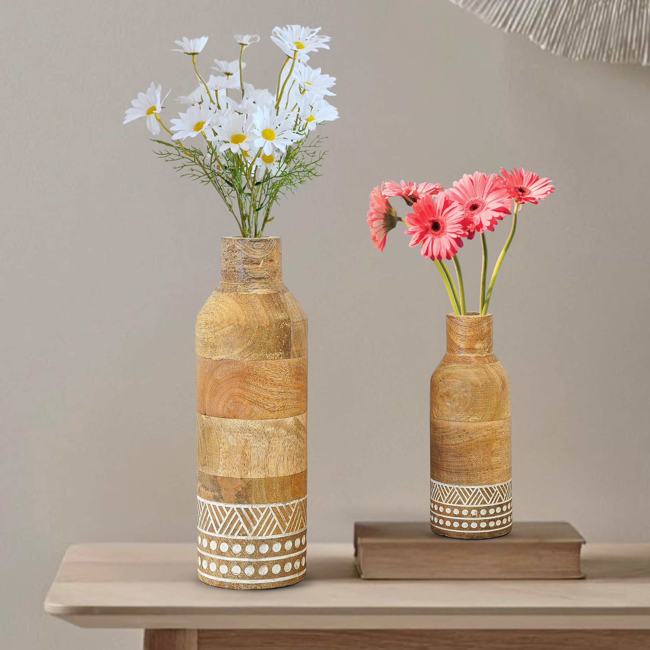 Behoma Boho Engraved Design Wooden Flower Vase Set of 2, Bottle Shape Mango Wood Vases for Flowers for Decor Home Living Room Kitchen Office, Natural Light Brown Finish | Height - 23 cm & 15 cm-image-25