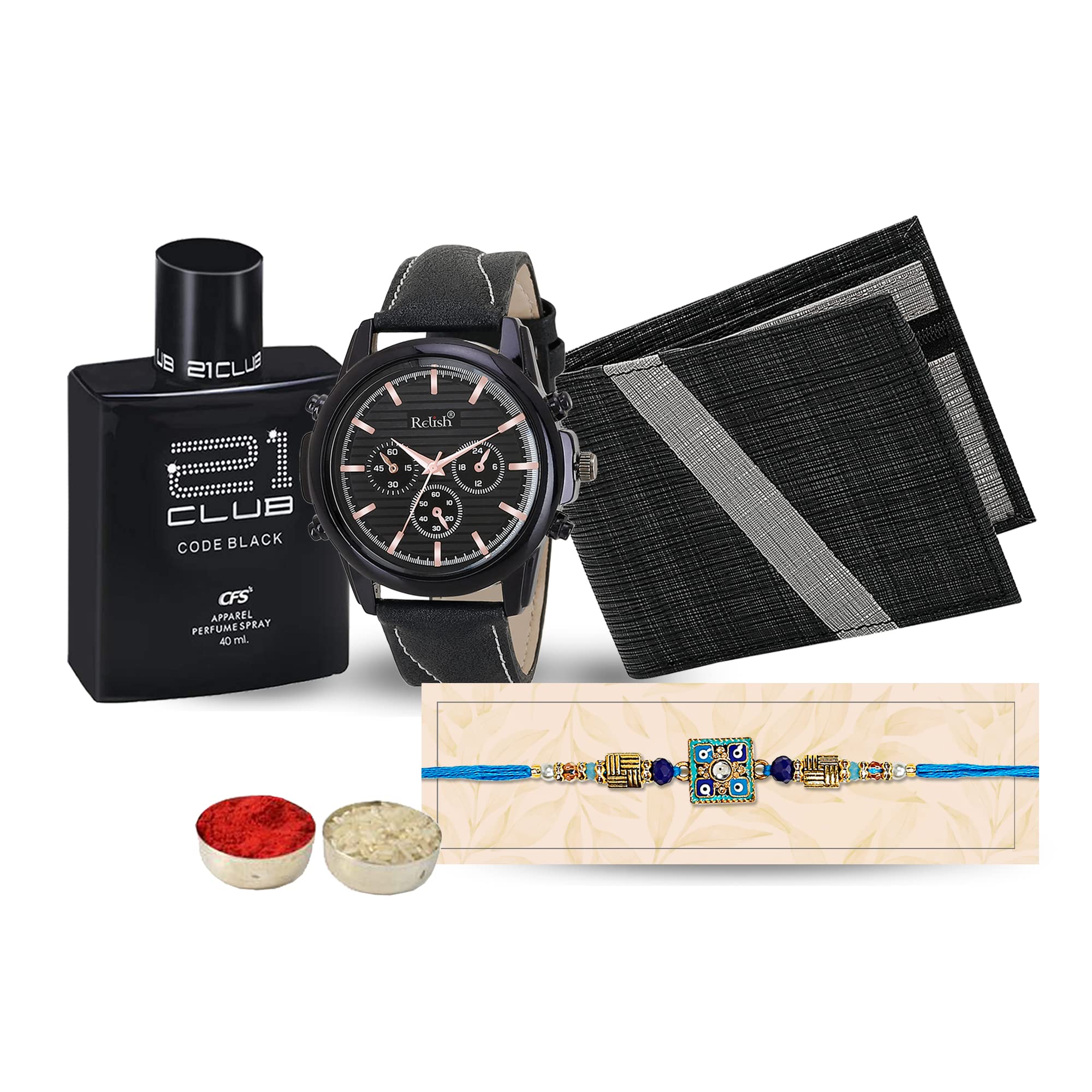 Relish Black Watch, Mens Black Wallet and Perfume, Blue Pandent |Rakhi Gift for Brother| (B0C5MF6B3F) Amazon Price History, Amazon Price Tracker