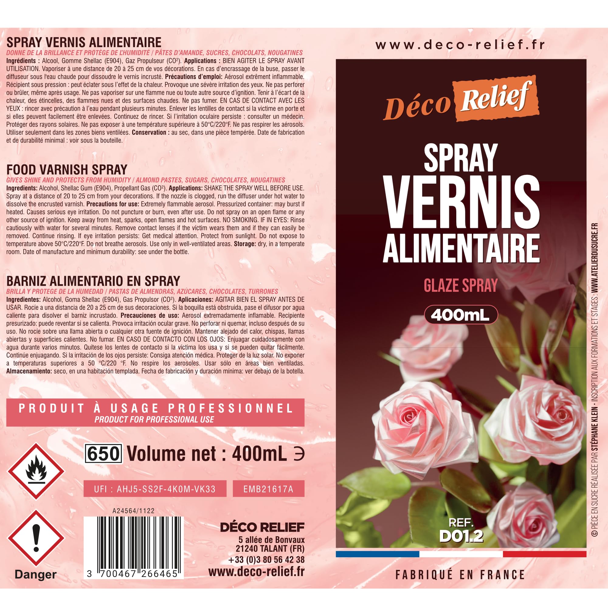 Déco Relief - Spray Vernis Alimentaire 400 ml - Fait Briller & Protège de l’Humidité - Pour Chocolats, Pièces en Sucre, Pâte d’Amandes, Nougatine, Tartes - Laque Alimentaire - D01.2.