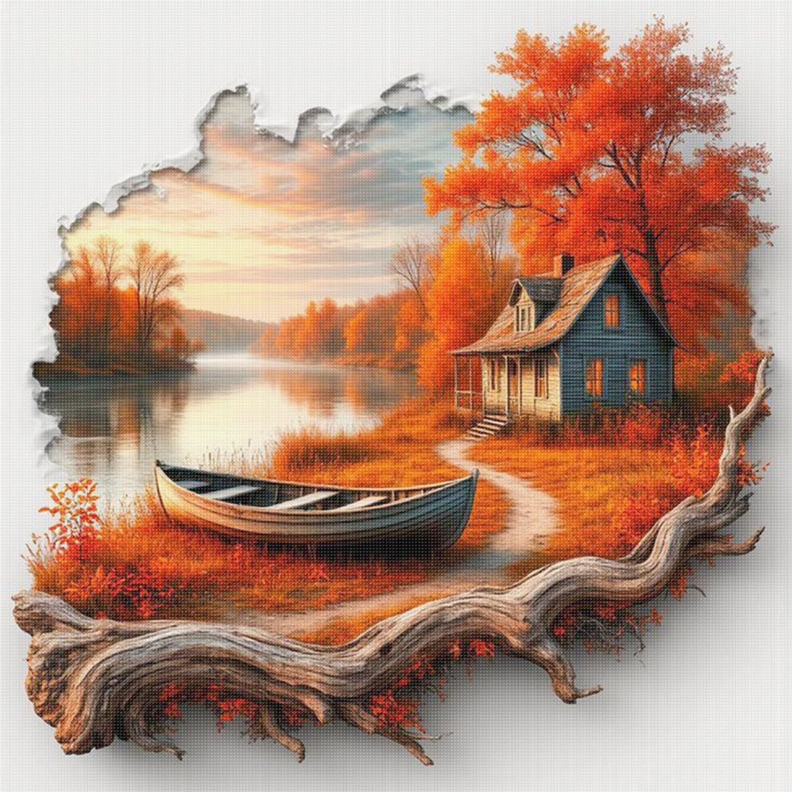 Riverside Cabin Landscape Stamped Cross Stitch Kits For Beginners, Full 11Ct 3 Strands Diy
