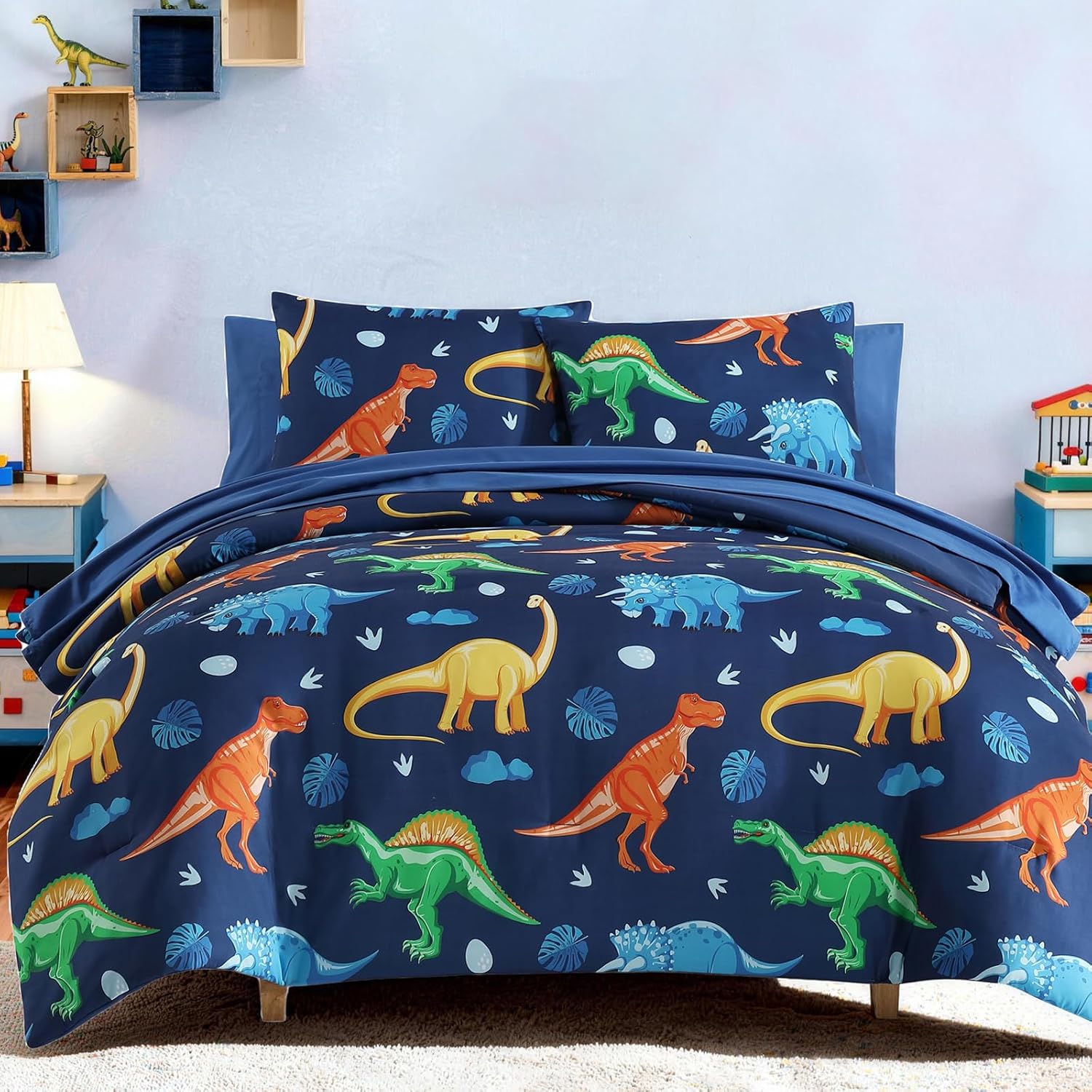 Twin Comforter Set for Boys-5 Pieces Navy Dinosaur Twin Bedding Sets for Kids, Ultr...
