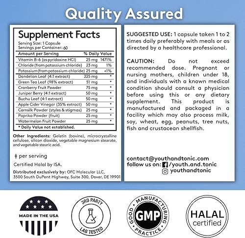 Miniatura 7 de Youth & Tonic Water Weight Away - Diuréticos herbales para retención de agua y apoyo a la hinchazón - con potasio y vitamina B6 para equilibrio