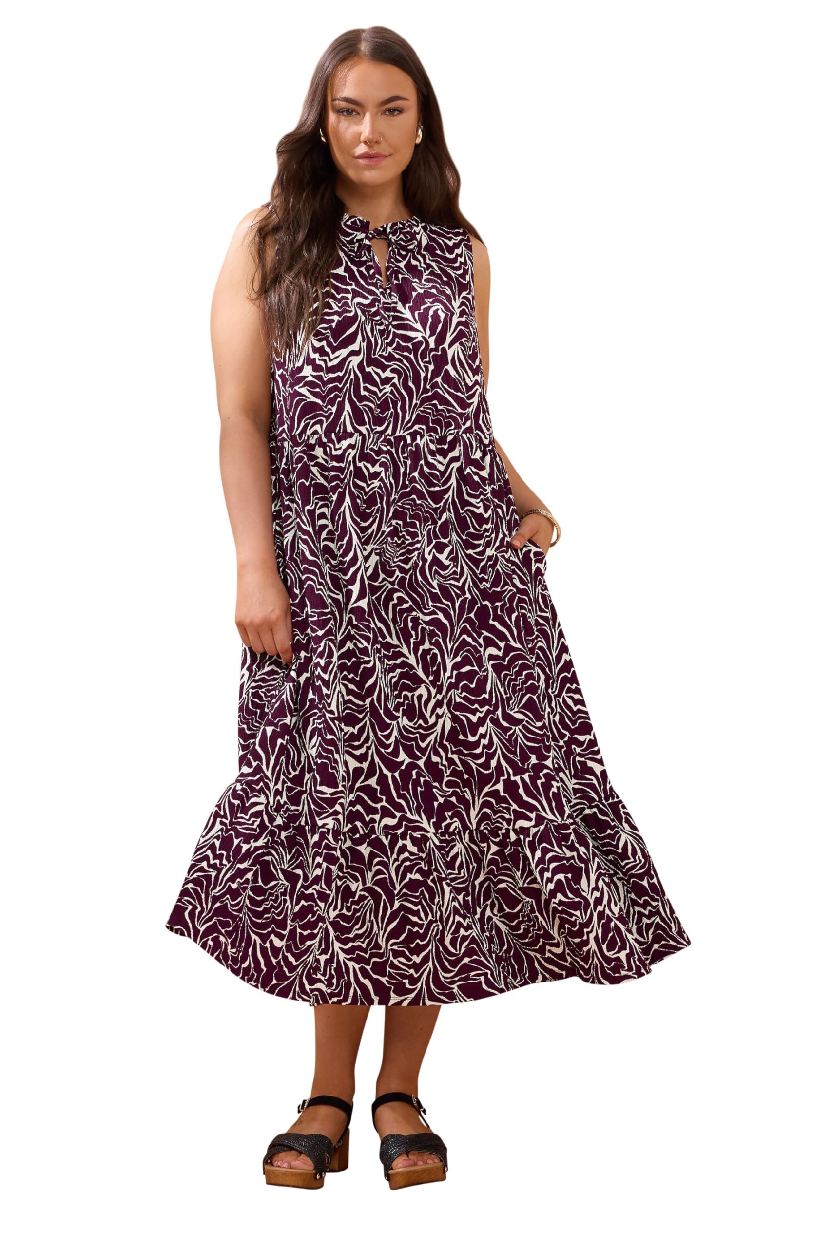 Evans Women's Purple Curve Abstract Print Tie Neck Dress - Plus Size Curve