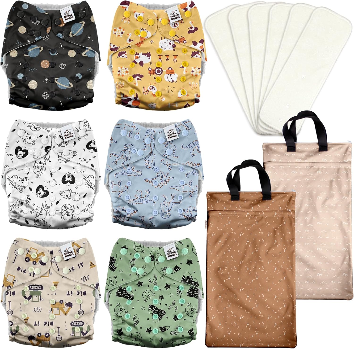 Mama Koala 3.0 Baby Cloth Diapers with 6 Inserts Bundle, with 2 Pack Reusable Hanging Wet Dry Bag