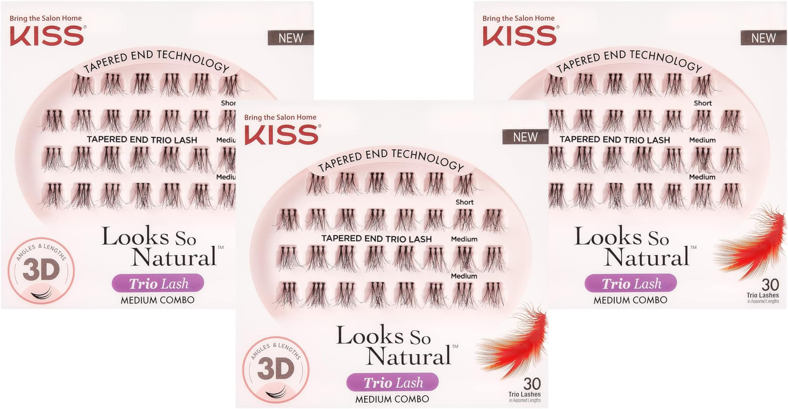 KISS Looks So Natural Trio Lash Medium Combo Pack, False Eyelashes with Tapered End Technology, 3D Lengths & Angles, Easy Grip Tray with Built-In Glue Pocket, 30 Trio Lashes in Short & Medium Lengths