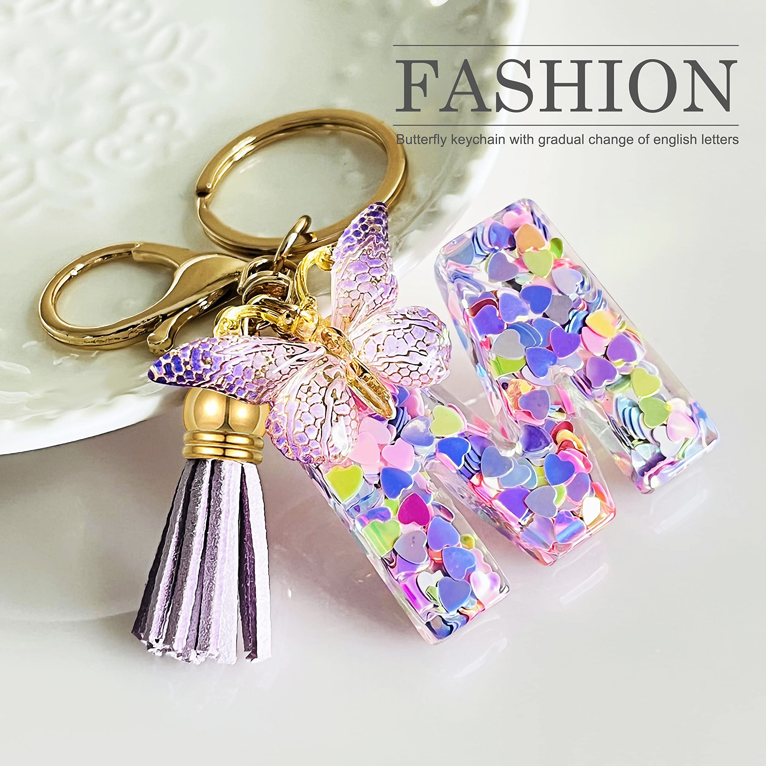 JINGUAZI Initial letter Keychains for Women Tassel Butterfly Pink Cute Car Keychain for Wallet Purses Backpack (Purple M)