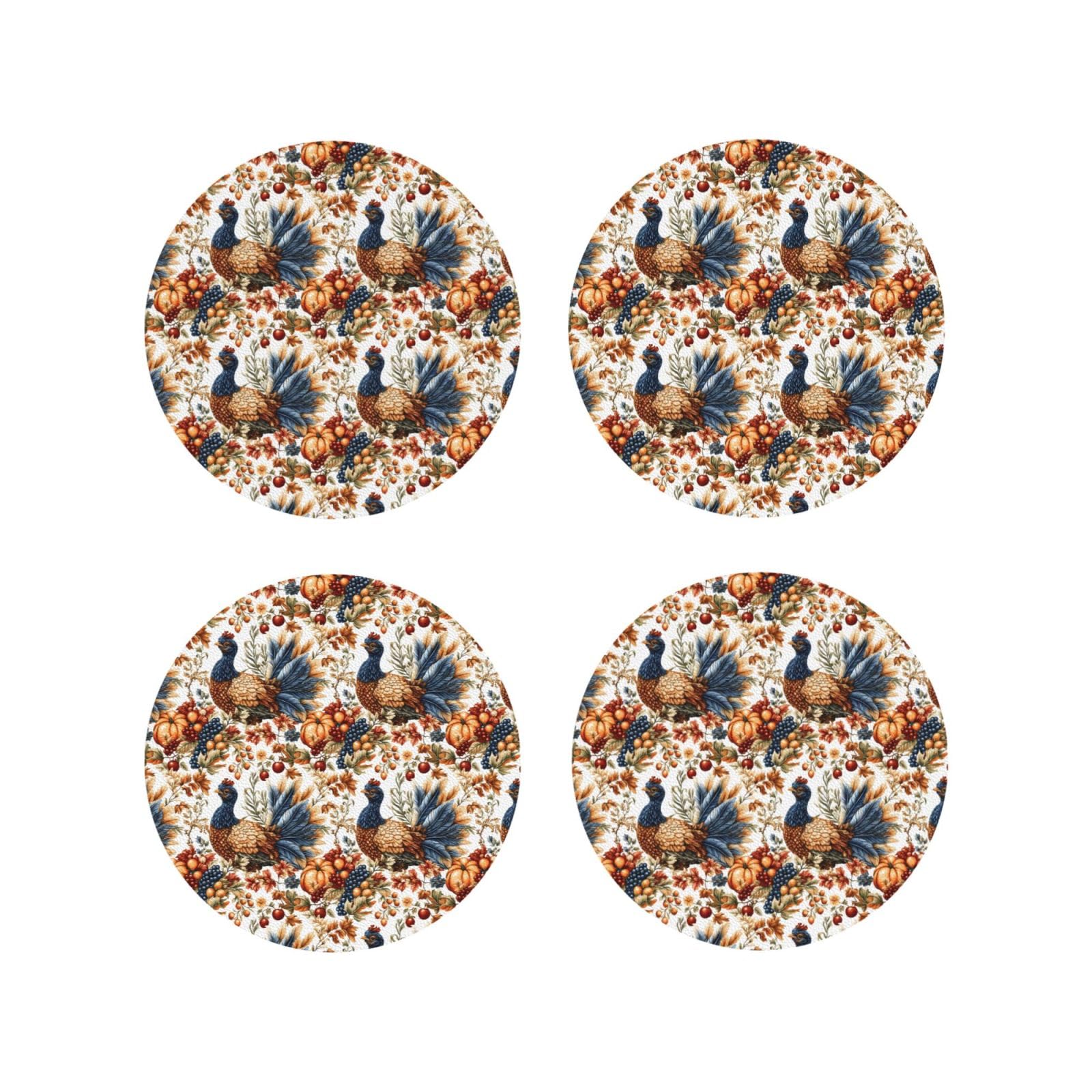 Smazdfxx Women's As Pic Leather Coasters Set Of 4 - Autumn Turkey Fruit Print Lightweight Drink Coasters For Desk