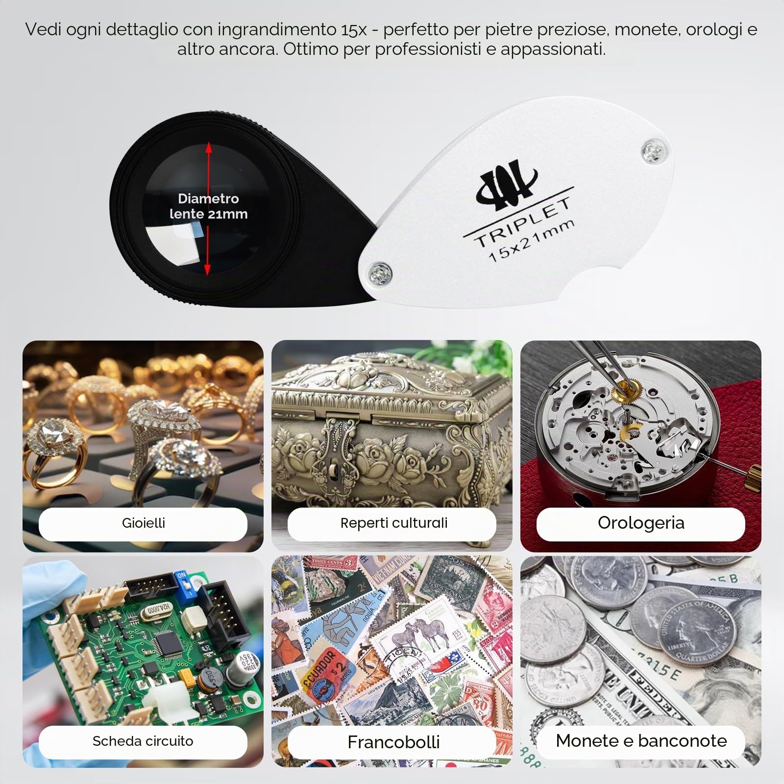 Lente d'ingrandimento 15x con filtro in giadeite, lente da 21 mm, telaio in alluminio, design a doppio vetro, per gioielli, strumento per collezionisti di giada