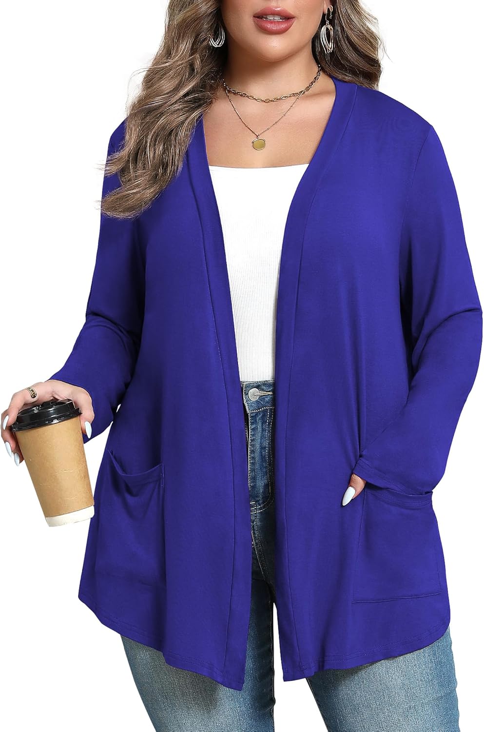 Women's Oversize Cardigans Lightweight Fall Long Sleeve Plus Size Flowy Open Front Shrugs with Pockets