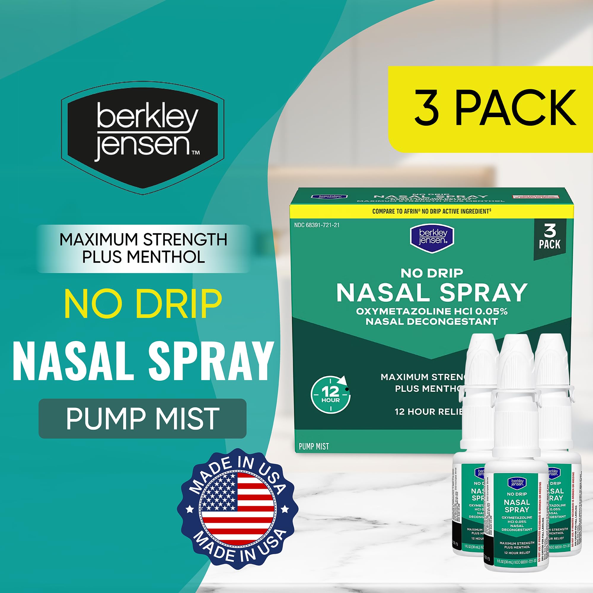 Berkley Jensen No Drip Severe Congestion Nasal Spray - Maximum Strength Decongestant with Oxymetazoline HCl & Menthol - Pump Mist Applicator, No Steroid, 12 Hour Relief, 1 Fluid Ounce (Pack of 3) — Amazon image 2