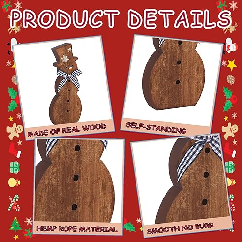 Miniatura 4 de Chunful 3 piezas de decoración de mesa de muñeco de nieve de Navidad rústico marrón invierno muñeco de nieve de madera muñeco de nieve mesa centro