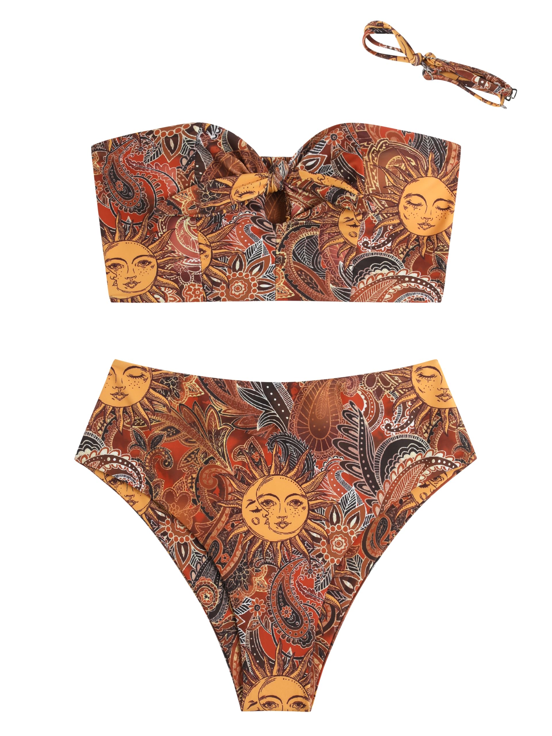 Photo 1 of ZAFUL Women's Keyhole Tied High Waisted Bikini Sets Spaghetti Straps 2 Pieces Swimsuit Bathing Suit 0-Sun Brown XL