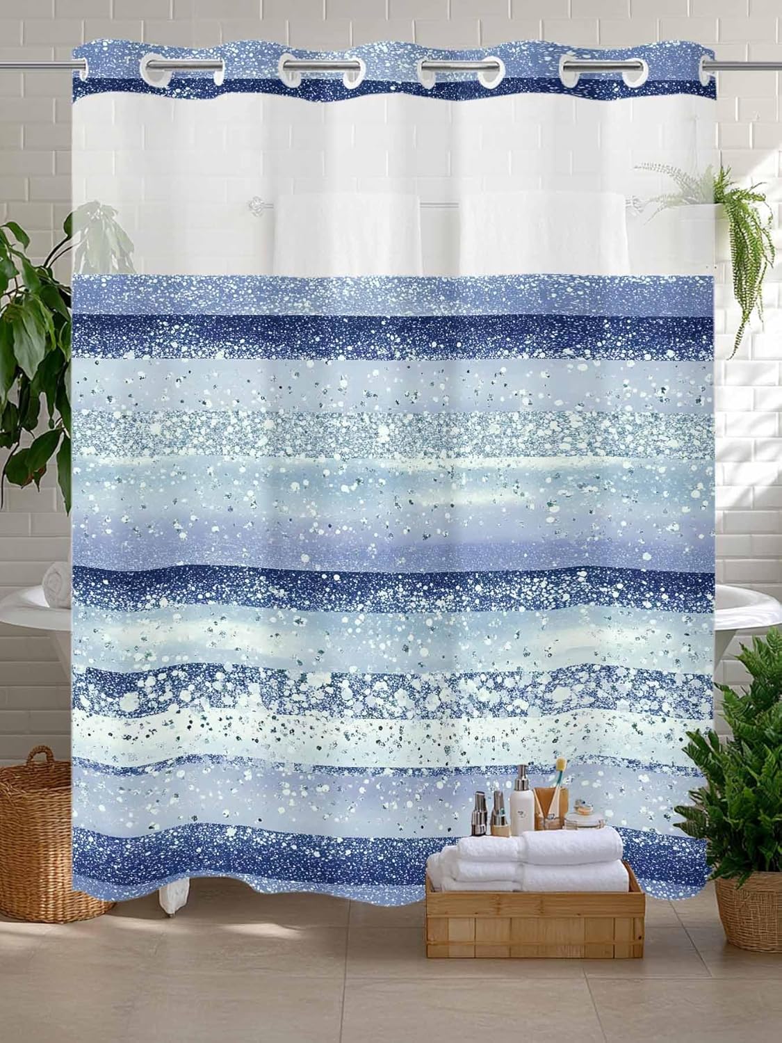 No Hook Shower Curtain with Snap in Liner, Blue Gradient Stripes Dots Waterproof Fabric Bathroom Curtain Mesh Top Window Washable Modern Minimalist Style Shower Curtains 60x72in