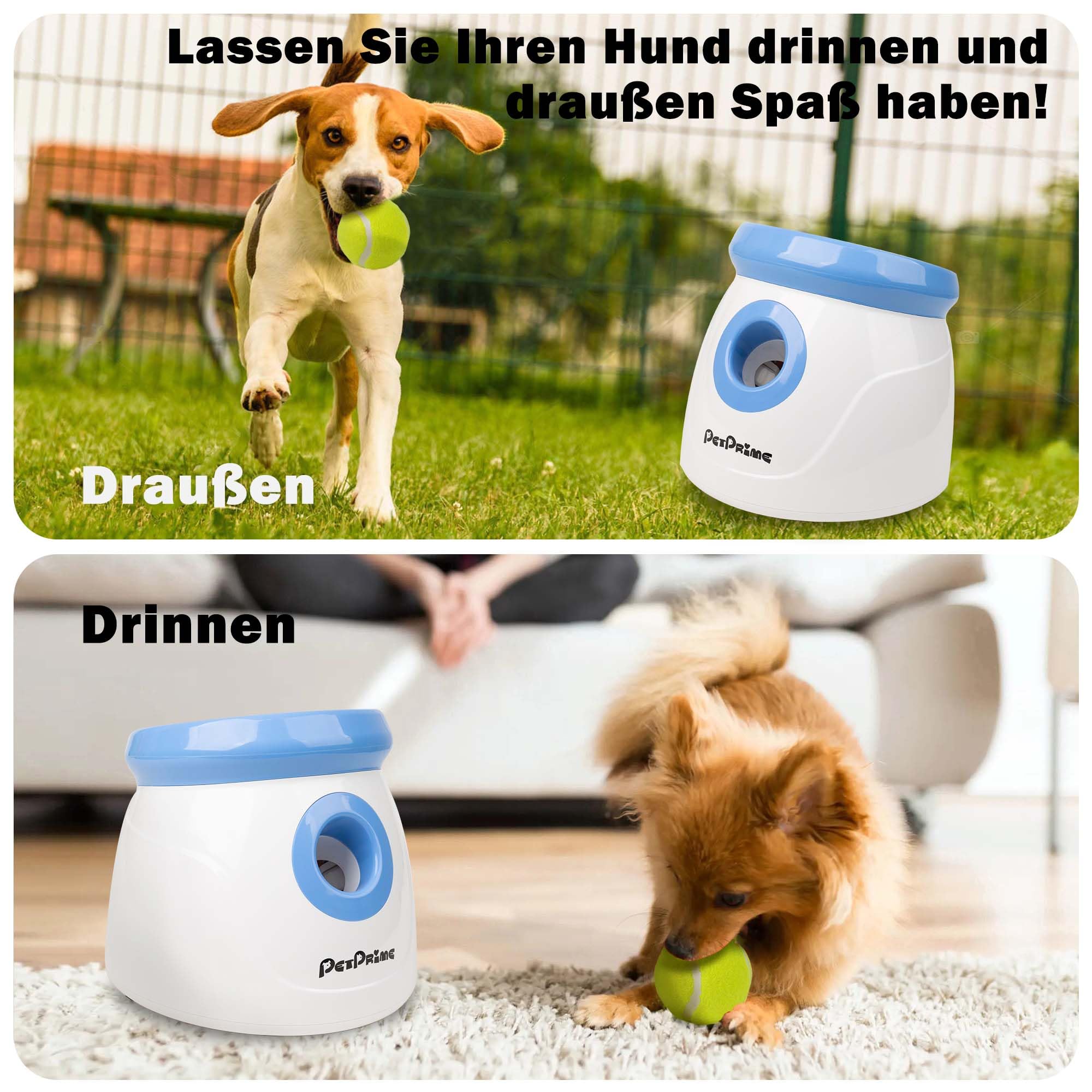 Pet Prime Lanzador de pelotas automático, para perros y perros, 3 pelotas de tenis, incluye máquina interactiva para perros pequeños y medianos – Distancia de lanzamiento 3-9 metros, mini estilo