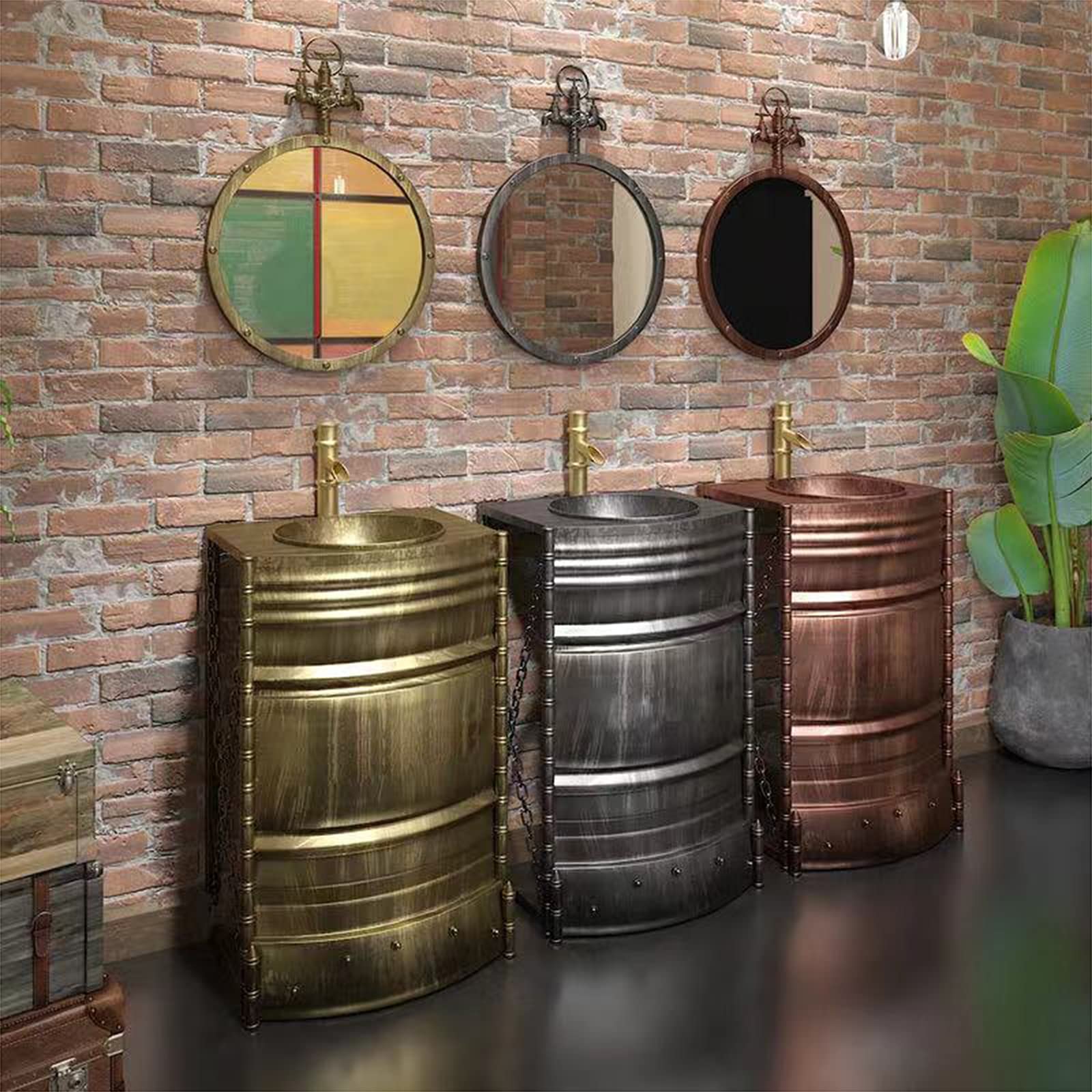 Tocador Individual de baño Moderno, tocador Independiente de Estilo Industrial con Muebles de Almacenamiento para Lavabo con Grifo y desagüe 20.8 x 17.7 x 32.2in, Cobre Rojo, con Espejo (Plata sin e