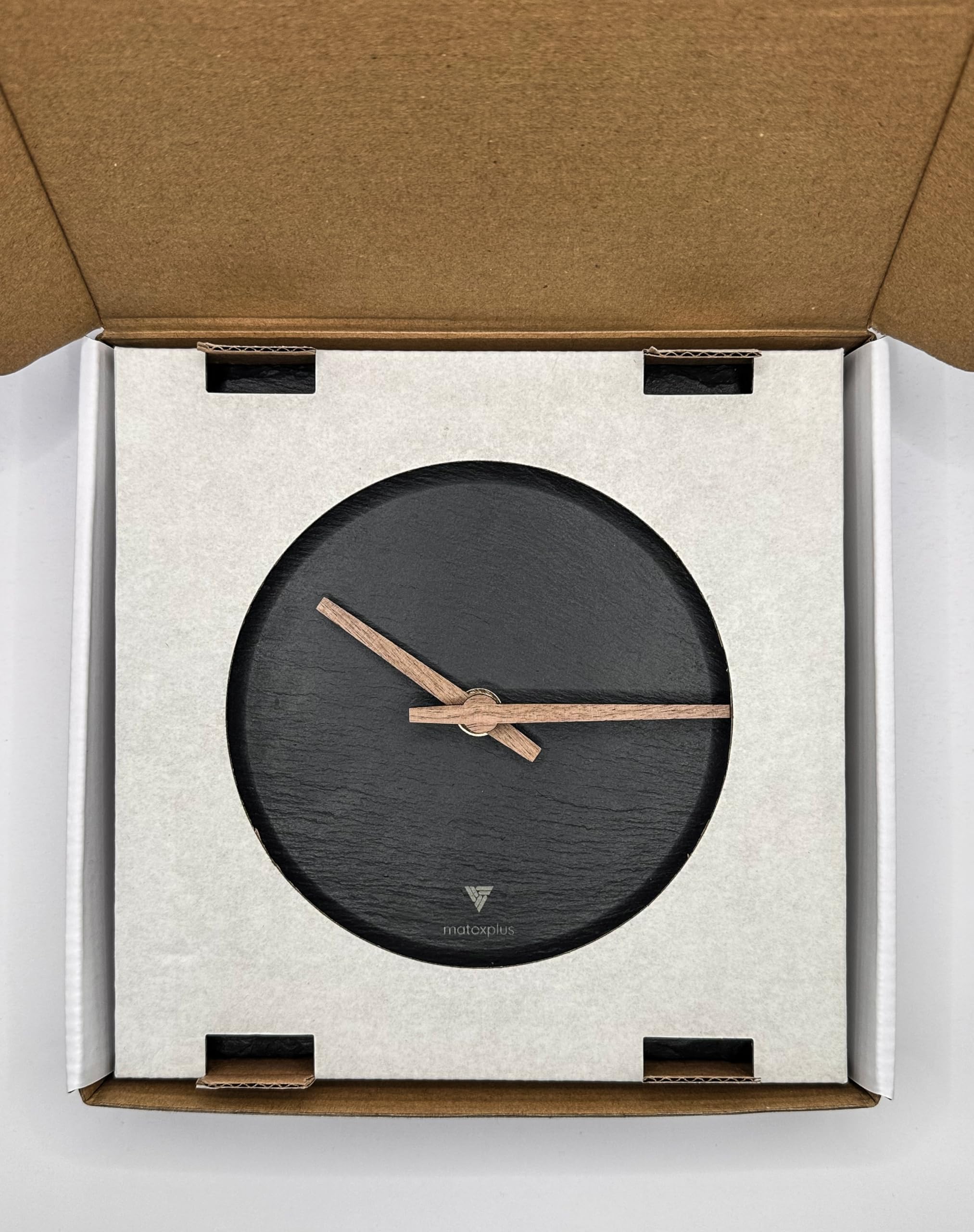 Reloj de pared de pizarra auténtica, silencioso y cuadrado, piedra natural, 20 x 20 cm, para salón y oficina (pizarra gris oscuro, manecillas de color madera)